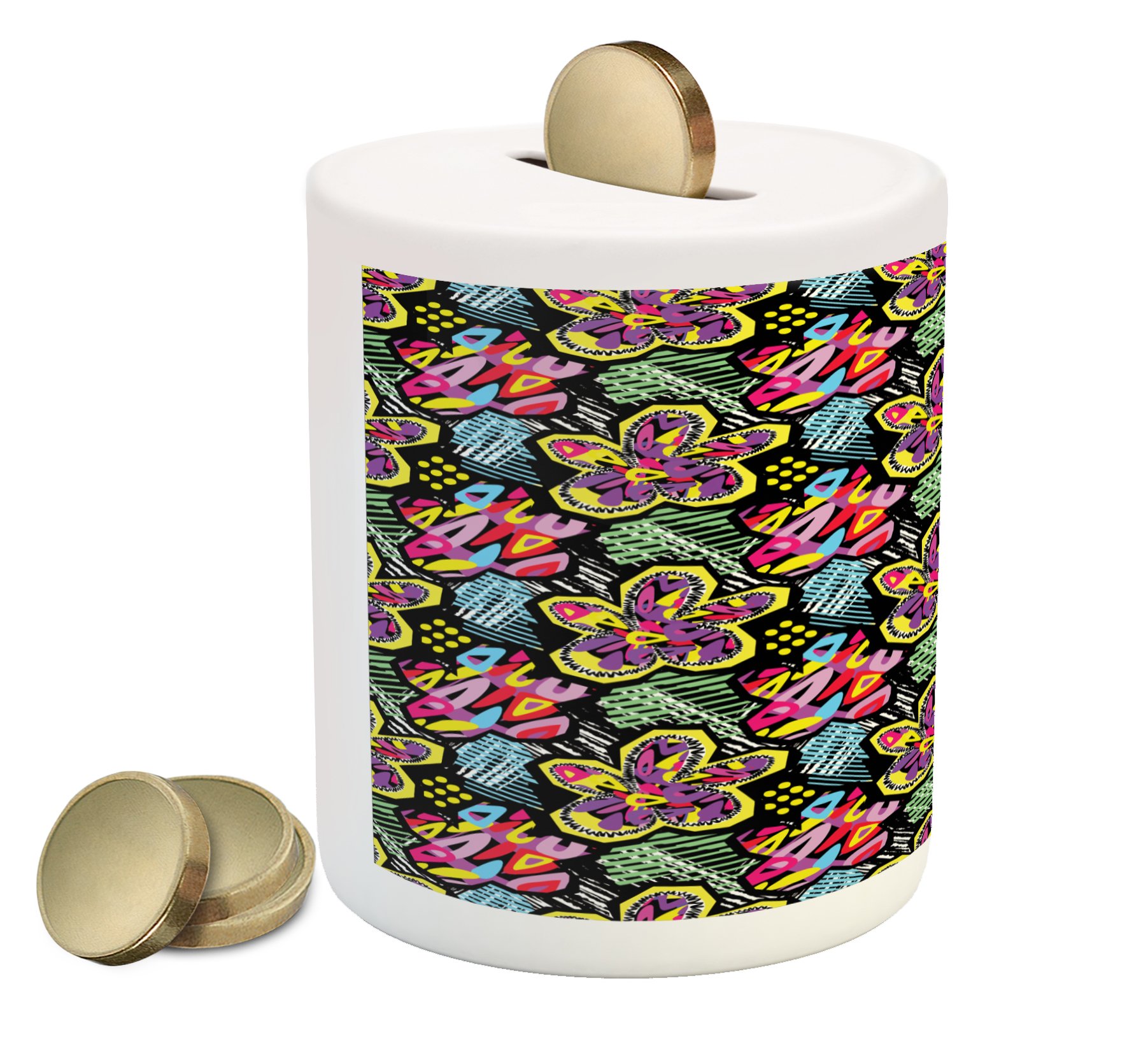 Ambesonne Ceramic Piggy Bank - Tropical Flowers Brushstroke Design, Vibrant Grunge Doodle Pattern, 3.6