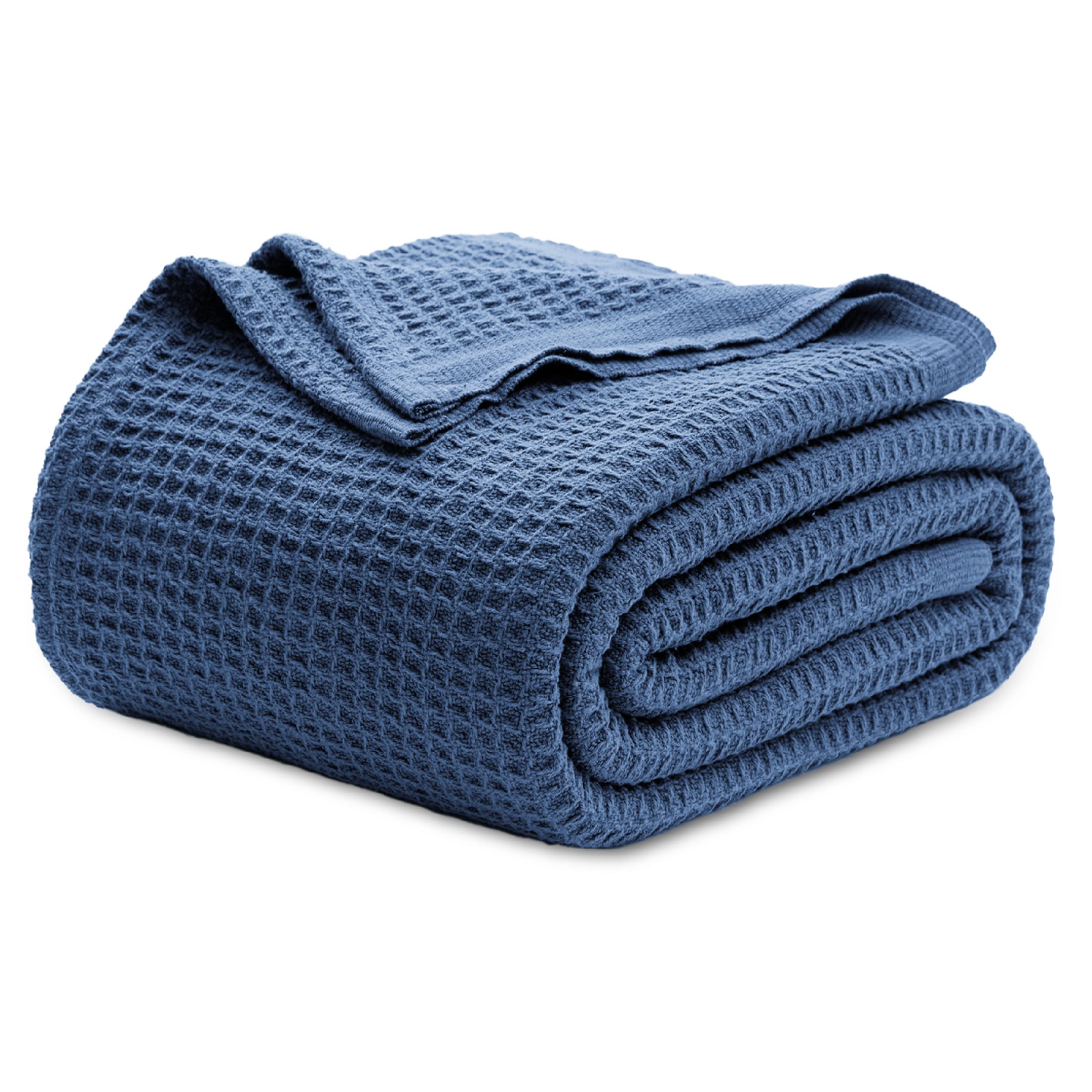 Bedsure 100% Cotton King Size Blanket - Ultra Soft & Breathable Waffle Weave Bedding for Summer & Spring, Navy Blue, 104x90 Inches - Perfect for Cozy Nights, Guest Rooms & Airbnbs
