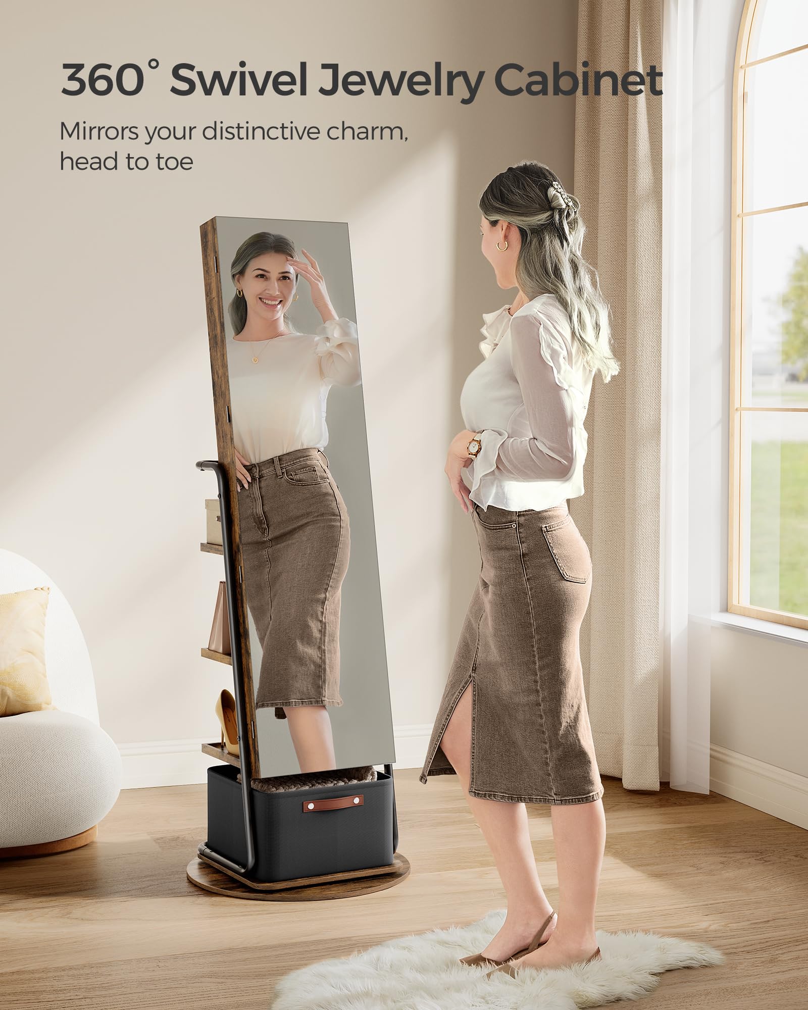 SONGMICS 360° Swivel Full-Length Mirror Jewelry Cabinet with LED Lights - Jewelry Armoire Organizer with Large Storage Basket & Makeup Shelf, Rustic Brown UJJC018X01 - Perfect for Bedroom, Dressing Room & Closet Organization