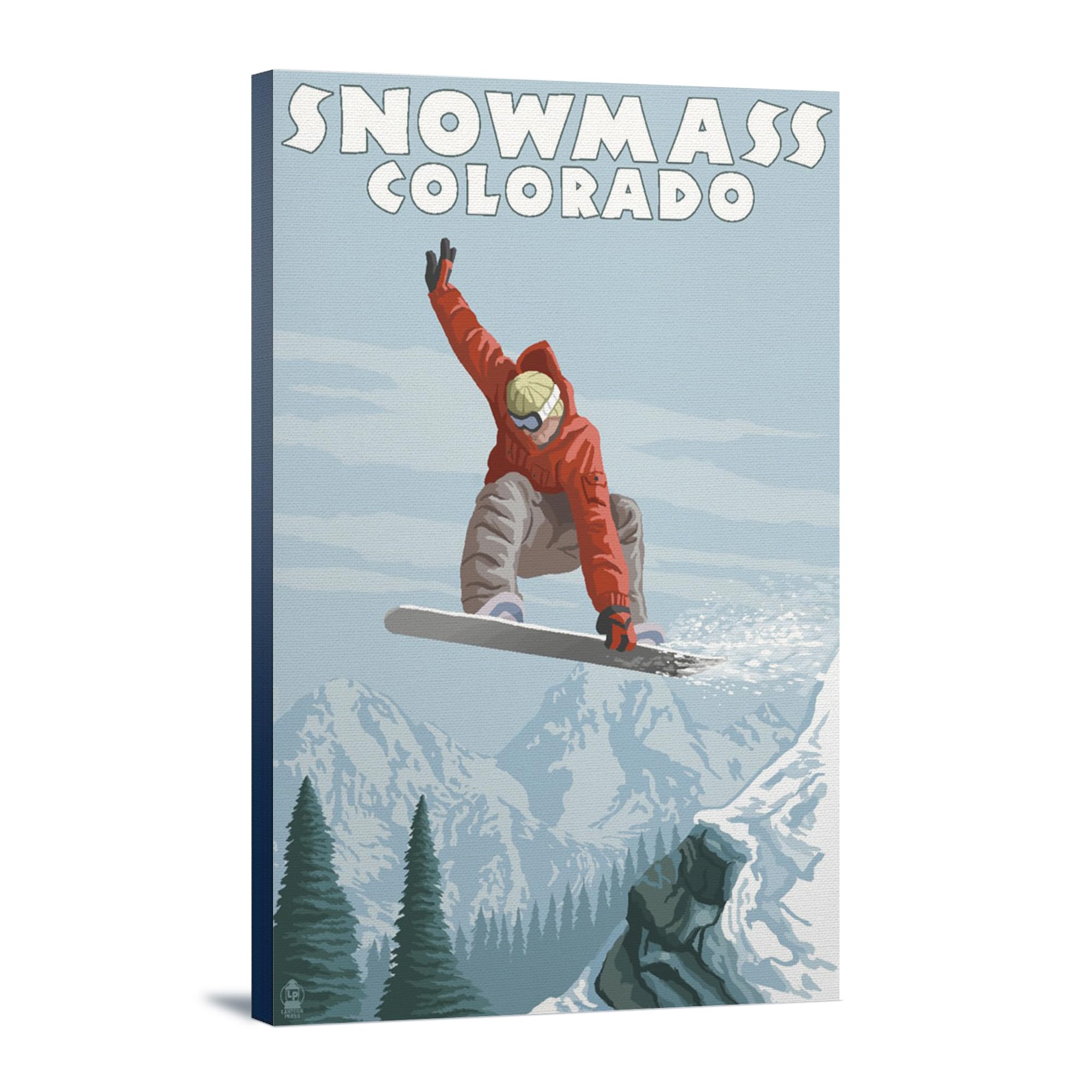 Lantern Press Snowmass Colorado Snowboarder Jumping Art Print - 24x36 Wrapped Canvas Wall Decor for Ski Lodge, Mountain Cabin & Winter Sports Enthusiast Home Decor