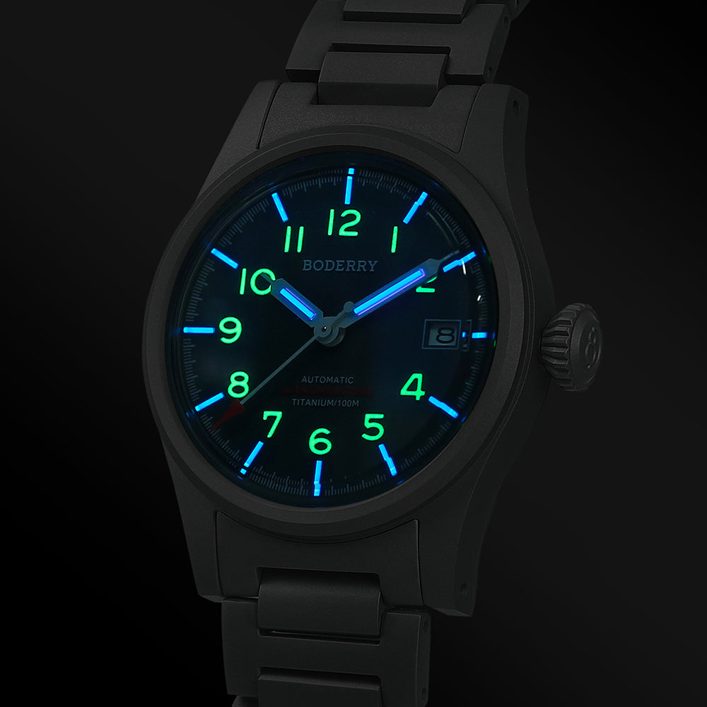 LANDMASTER 100M Waterproof Titanium Automatic Field Watch for Men - Durable Military Style Blue Bracelet Watch for Outdoor, Hiking, and Adventure Activities