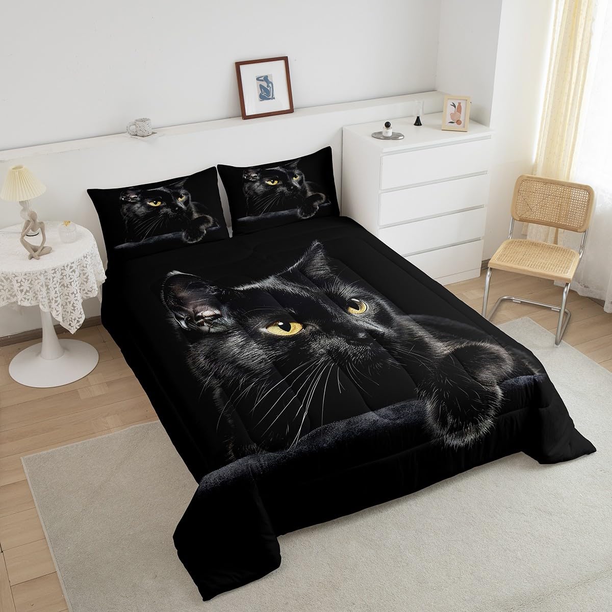 Black Cat Printed Twin Comforter Set for Girls & Kids - Soft Microfiber Bedding with 1 Pillowcase - Pet Animal Theme Bedroom Decor for Cozy Sleepovers and Themed Rooms