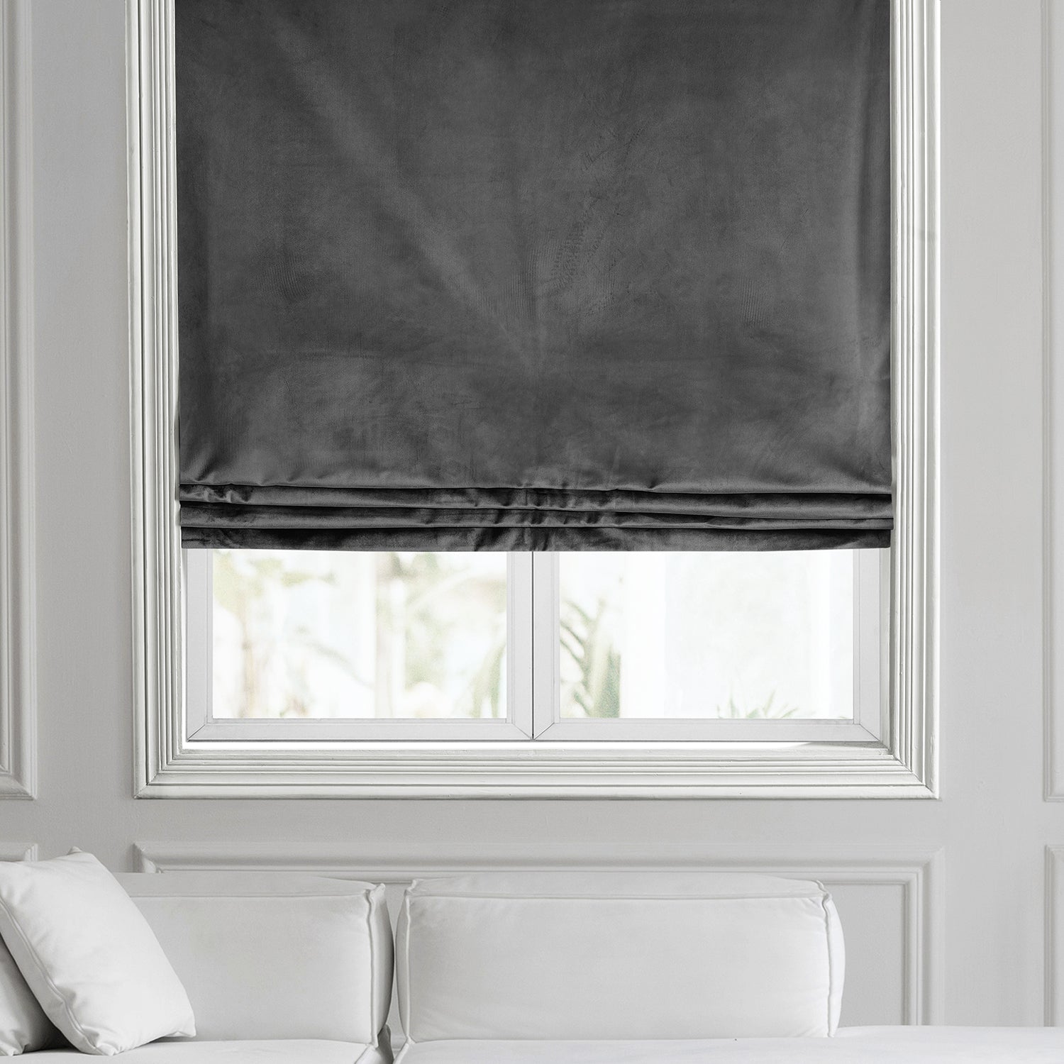 Premium Grey Plush Velvet Roman Shade - Blackout Window Treatment for Bedroom & Living Room - Elegant Home Decor with Light Filtering & Privacy Features