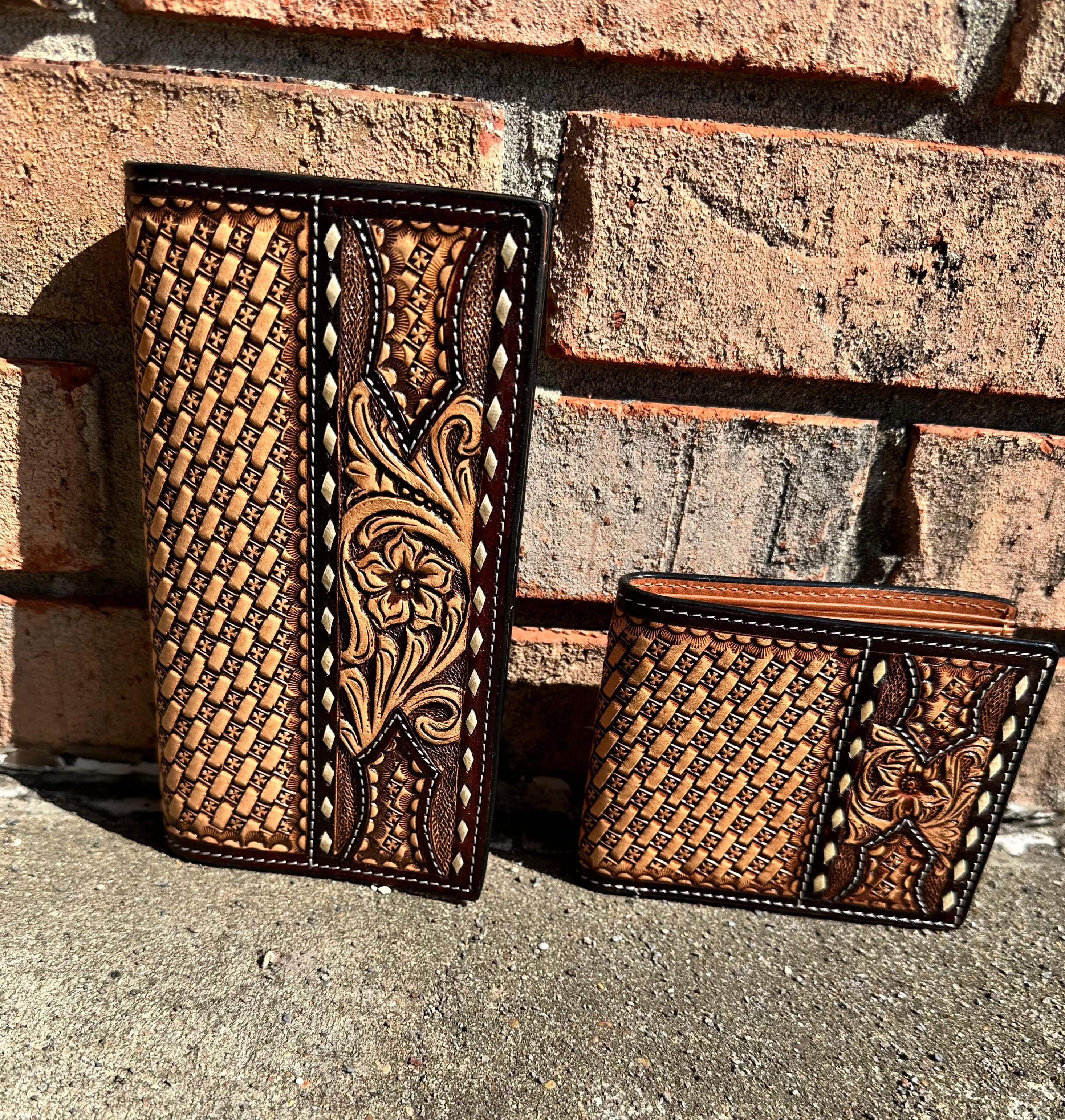 Handmade Floral Carved Leather Basket Tooling Rawhide Buckstitch Twisted X Wallet - Western Style Bifold Wallet for Men & Women - Perfect for Cowboy Boots, Rodeo Events and Country Fashion