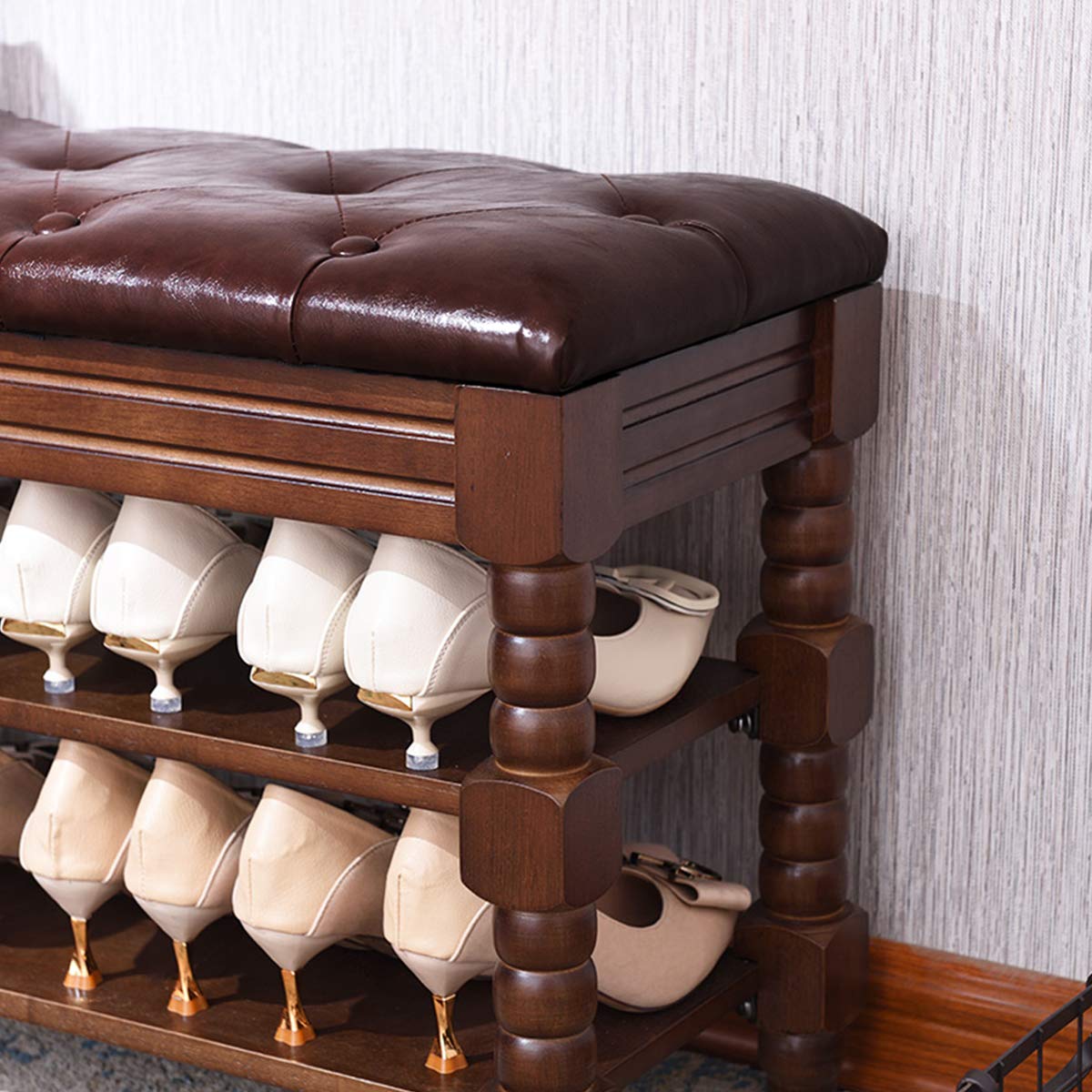 3-Tier Wooden Shoe Rack Bench with Storage - Entryway Shoe Organizer & Storage Bench for Hallway, Living Room (Dark Brown, 31.5