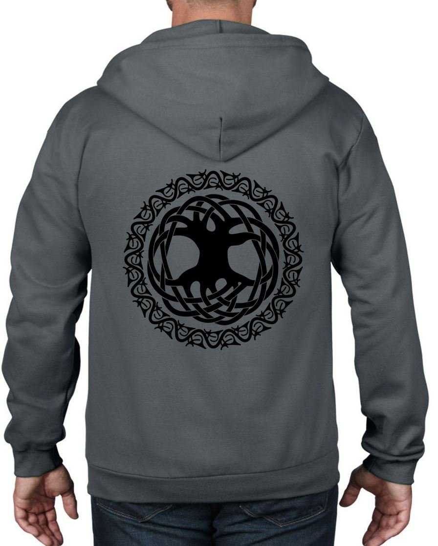 Celtic Tree of Life Full Zip Hoodie for Men & Women - Large Size, Charcoal Grey - Soft Cotton Pullover with Tribal Design - Perfect for Casual Wear, Outdoor Activities & Gifts