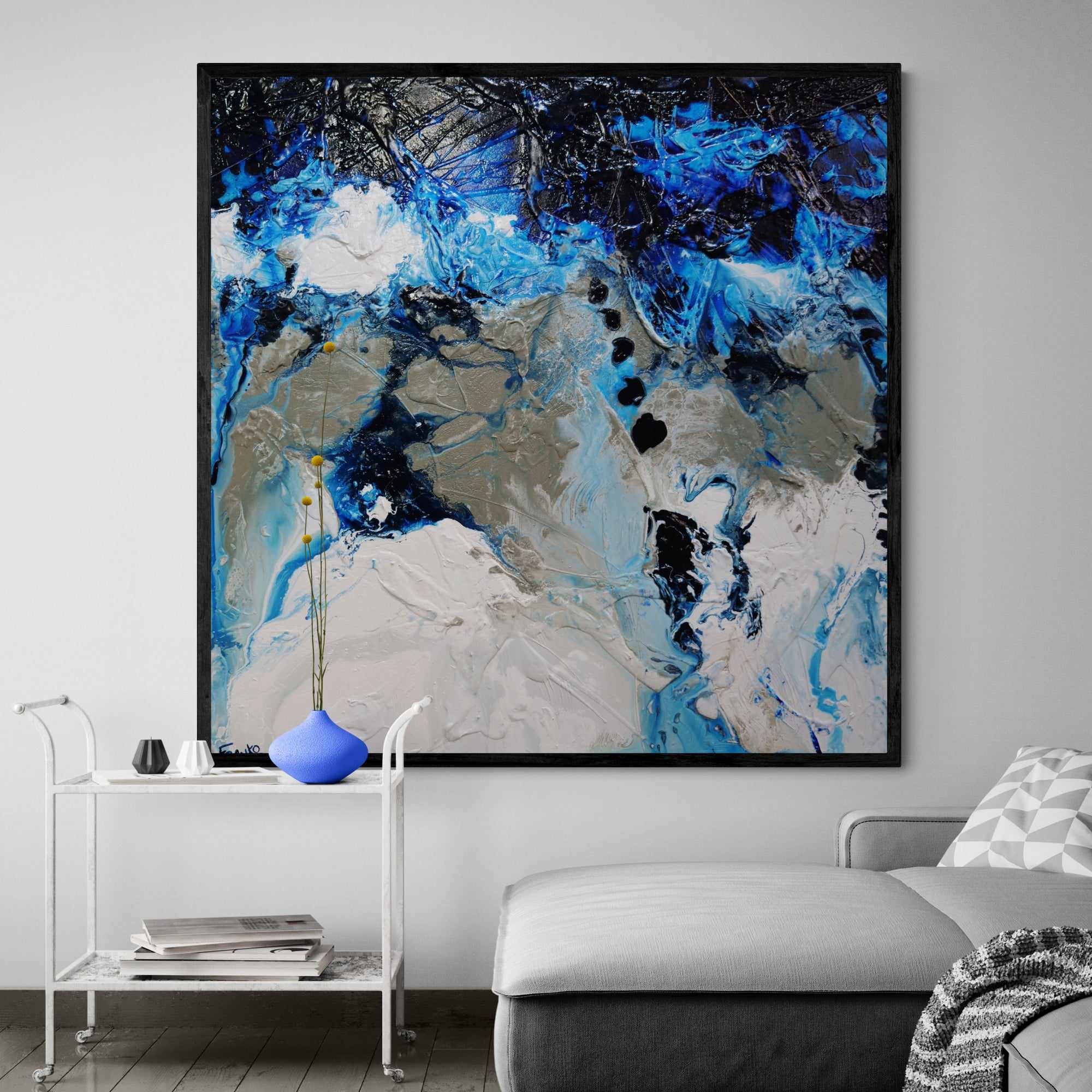 Blue Genetics 120x120cm Blue White Textured Abstract Canvas Wall Art - Modern Home Decor for Living Room, Bedroom & Office