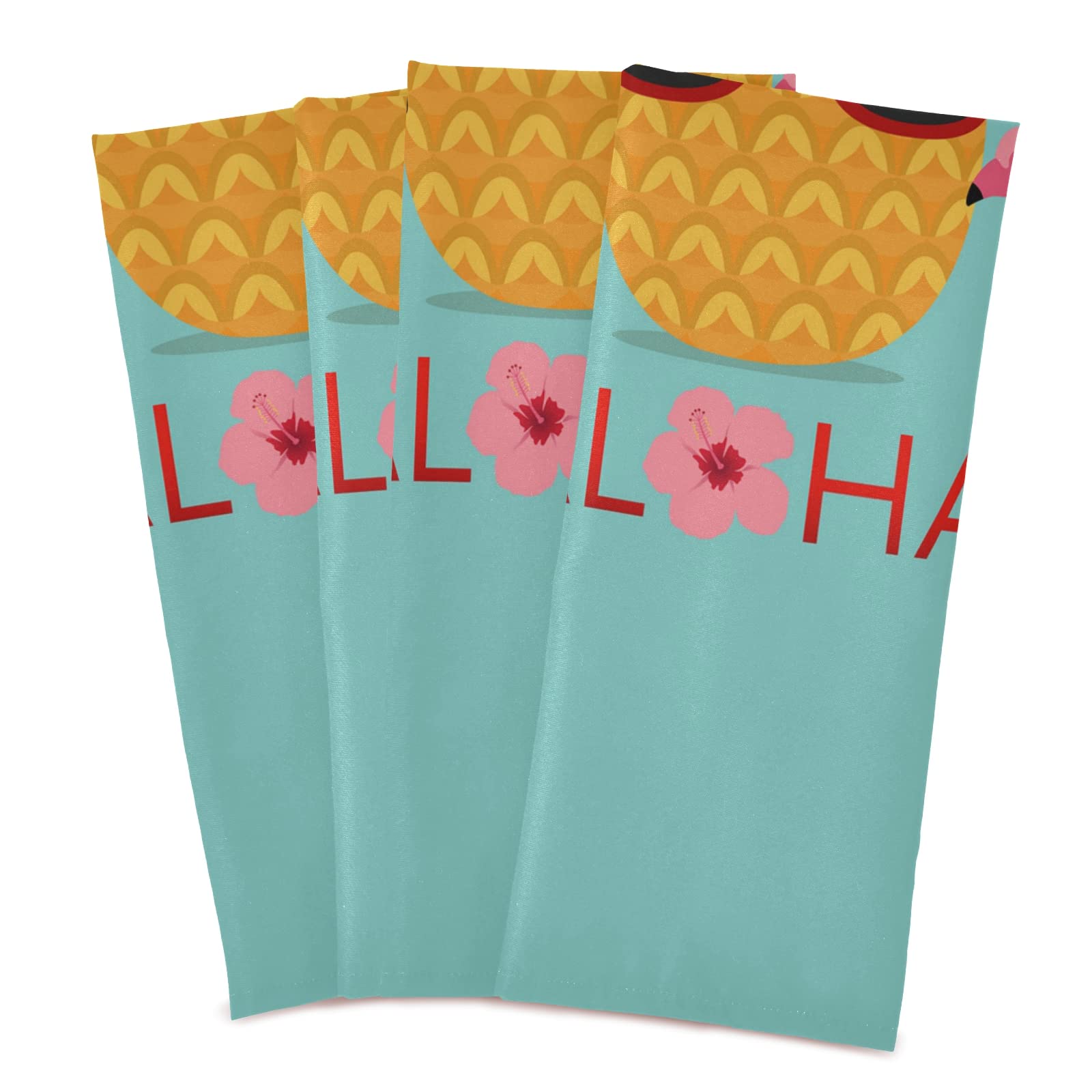 Aloha Two Pink Flamingos Green Palm Leaf Pineapple Set of 4 Polyester Kitchen Dish Towels - Hemmed Napkins, Waffle Dishcloths & Hand Bar Tea Towels with Hanging Loop for Hawaiian Themed Parties, Tropical Kitchen Decor & Summer Entertaining