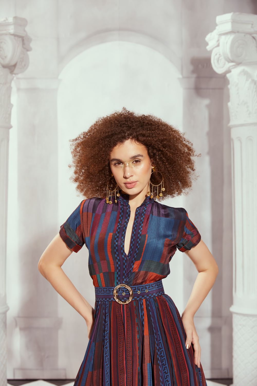 Stylish Tangerine Tile Print Long Dress with Adjustable Belt - Perfect for Summer Parties, Beach Vacations & Casual Outings