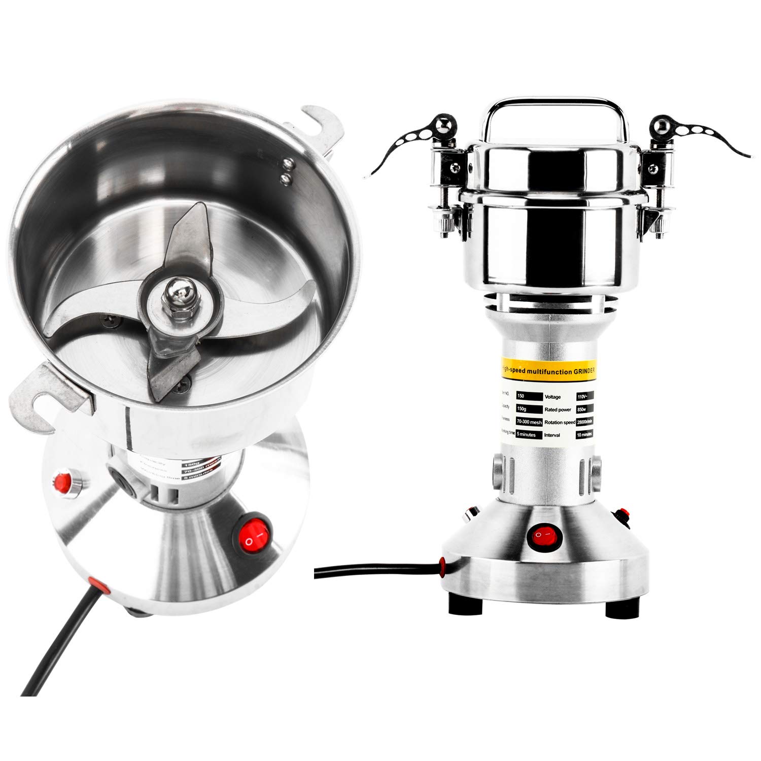 **150g Commercial Electric Grain Mill Grinder - 850W High-Speed Stainless Steel Powder Machine for Spices, Herbs, Pepper & Coffee (70-300 Mesh, 28000 RPM) - Perfect for Home Kitchens, Bakeries & Coffee Shops**