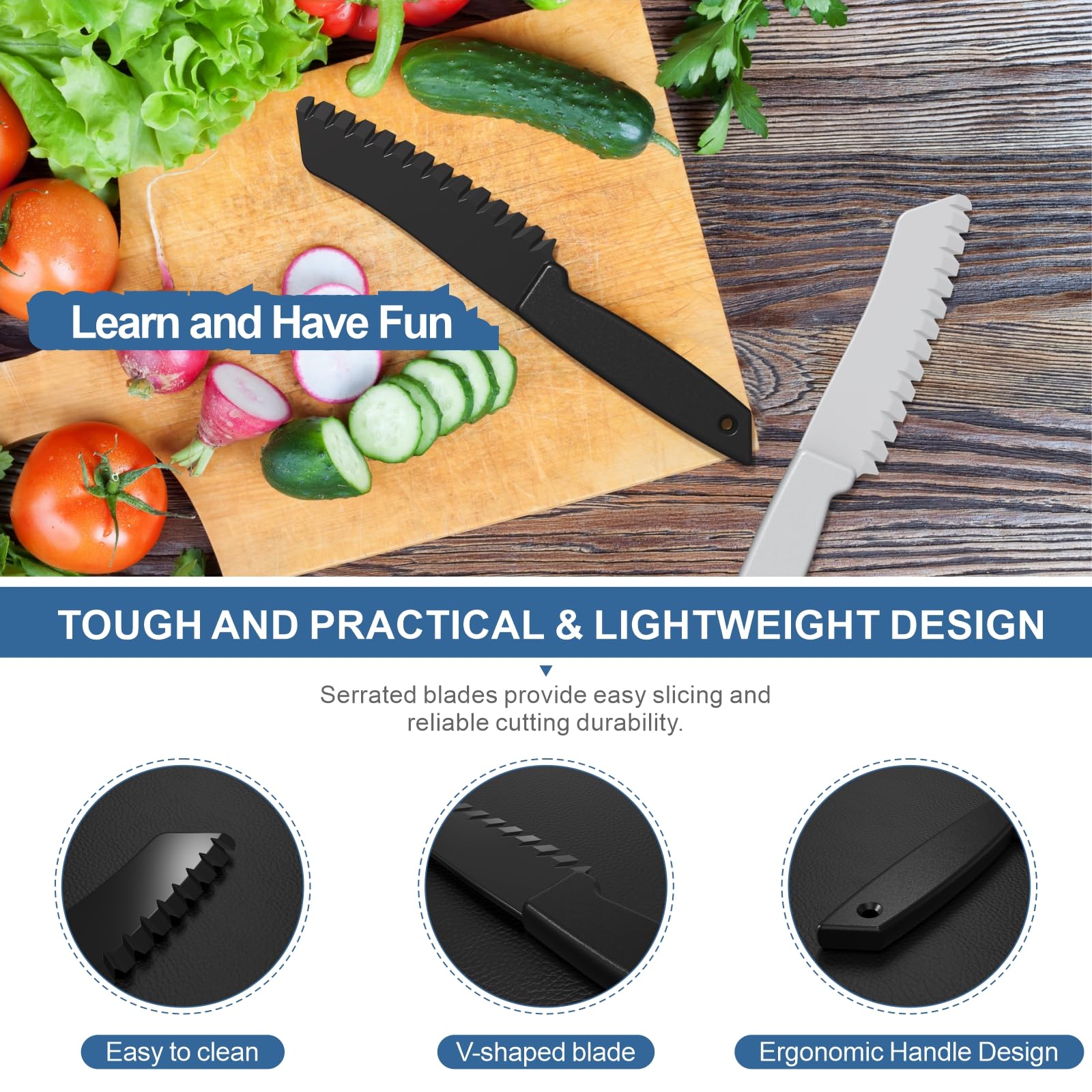 2-Pack Plastic Knives for Nonstick Pans - Serrated Lettuce Knives for Cutting Fruits, Vegetables & Bread - BPA-Free Kitchen Tools for Salad Prep & Baking (Black & Grey) - Perfect for Picnics, Camping & Everyday Cooking