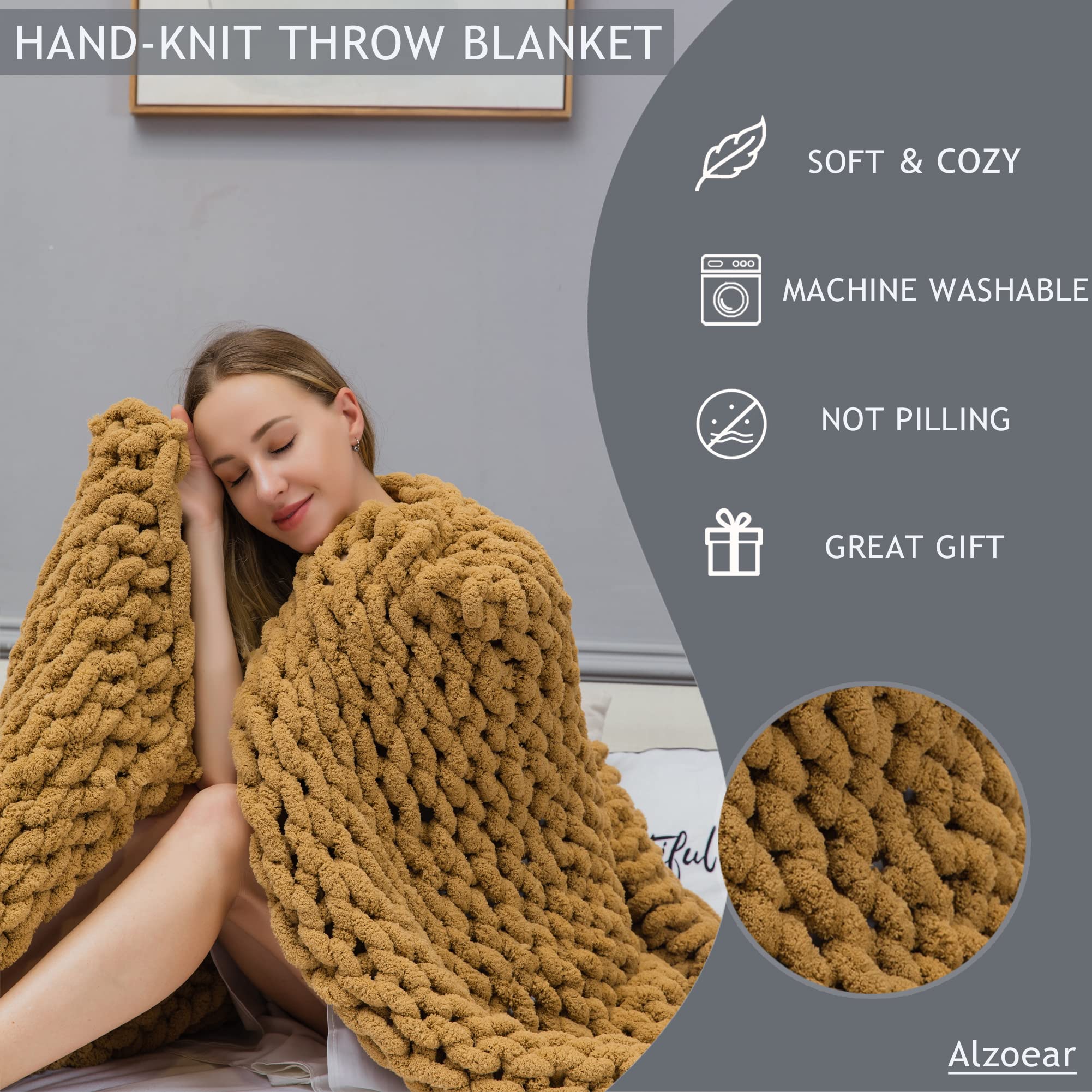 Alzoear Chunky Knit Throw Blanket - Soft Chenille Handmade Cozy Warm Blanket for Sofa, Bed, Couch - Perfect for Living Room, Bedroom Decor - Ultra Plush & Luxurious - Dark Khaki 60x80 Inches - Ideal for Winter Nights, Movie Time & Home Decoration