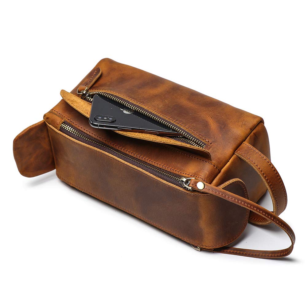 **Genuine Buffalo Retro Leather Unisex Toiletry Bag – Travel Dopp Kit & Washing Bag (Brown) – Perfect for Camping, Gym & Business Trips**