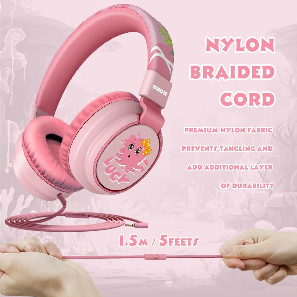 MIDOLA Kids Headphones with Volume Limiter (85/110dB) - Foldable Over-Ear Headset with Built-in Mic & 3.5mm AUX Cord - Safe for Children's Ears - Perfect for School, Travel, Tablet, Laptop & Online Learning (Cartoon Pink)