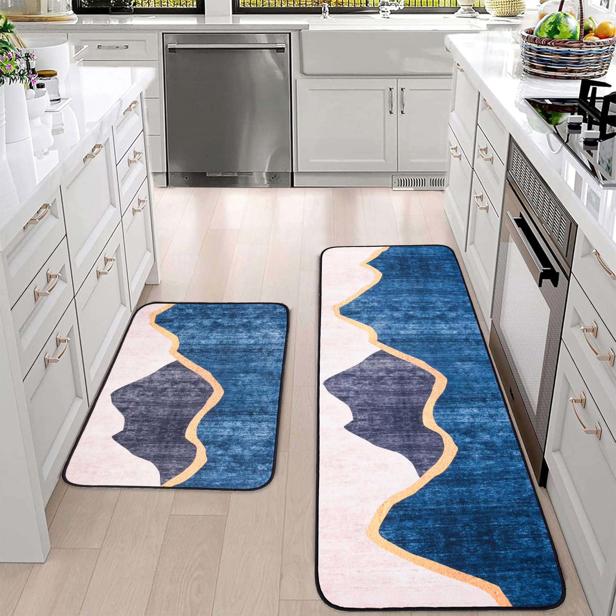 Kuber Industries 2-Pack Anti-Slip Absorbent Kitchen Mat Set | Non-Slip Kitchen Rug & Door Mat | Non-Woven Floor Mat for Kitchen, Living Room, Entryway | Blue & Gray | Perfect for Spill Protection & Home Decor
