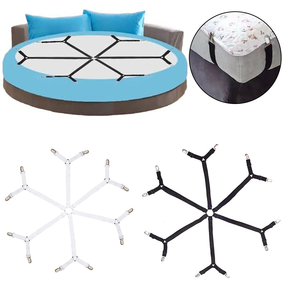 Adjustable Elastic Bed Sheet Straps for Queen/King Beds - Secure Fit for Round & Square Mattresses - Home & Travel Use