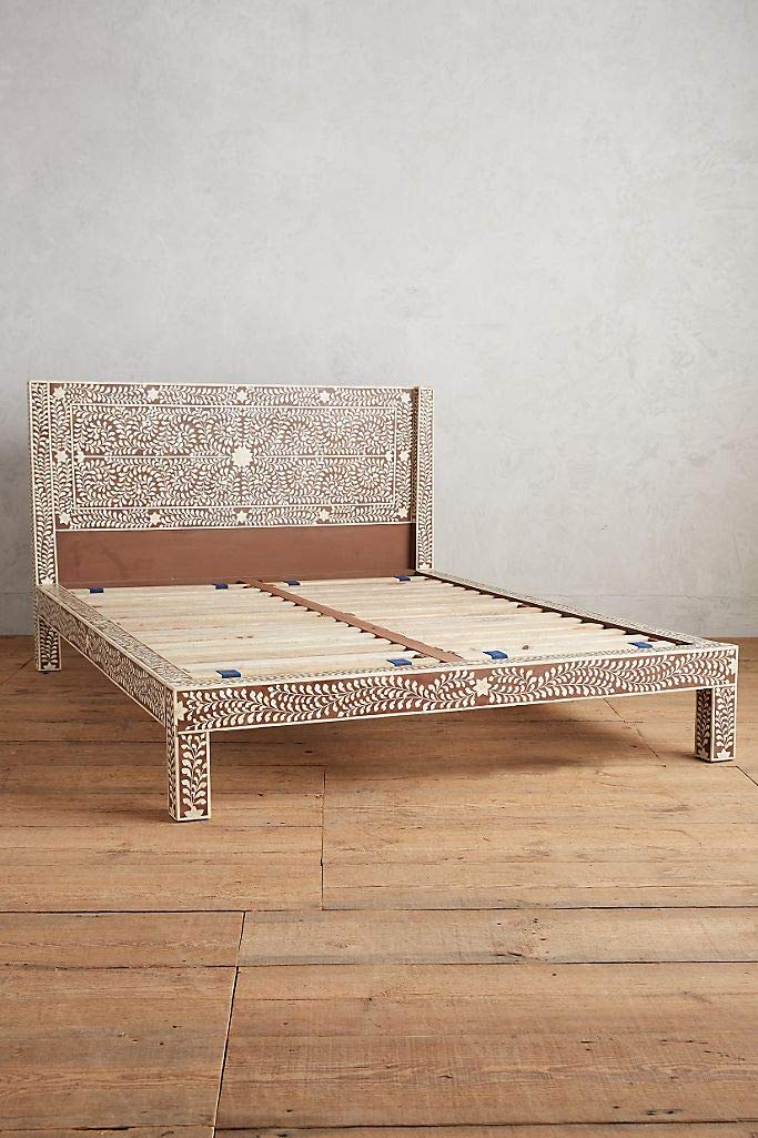 Handmade Queen Size Floral Brown Bone Inlay Bedroom Furniture - Elegant Decorative Headboard for Master Bedroom & Guest Room Decor