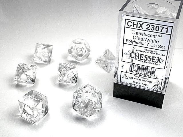 Chessex Translucent Dice Set - 7-Piece Clear with White RPG Polyhedral Dice for D&D, Pathfinder & Tabletop Gaming - 1.8 Inch Diameter