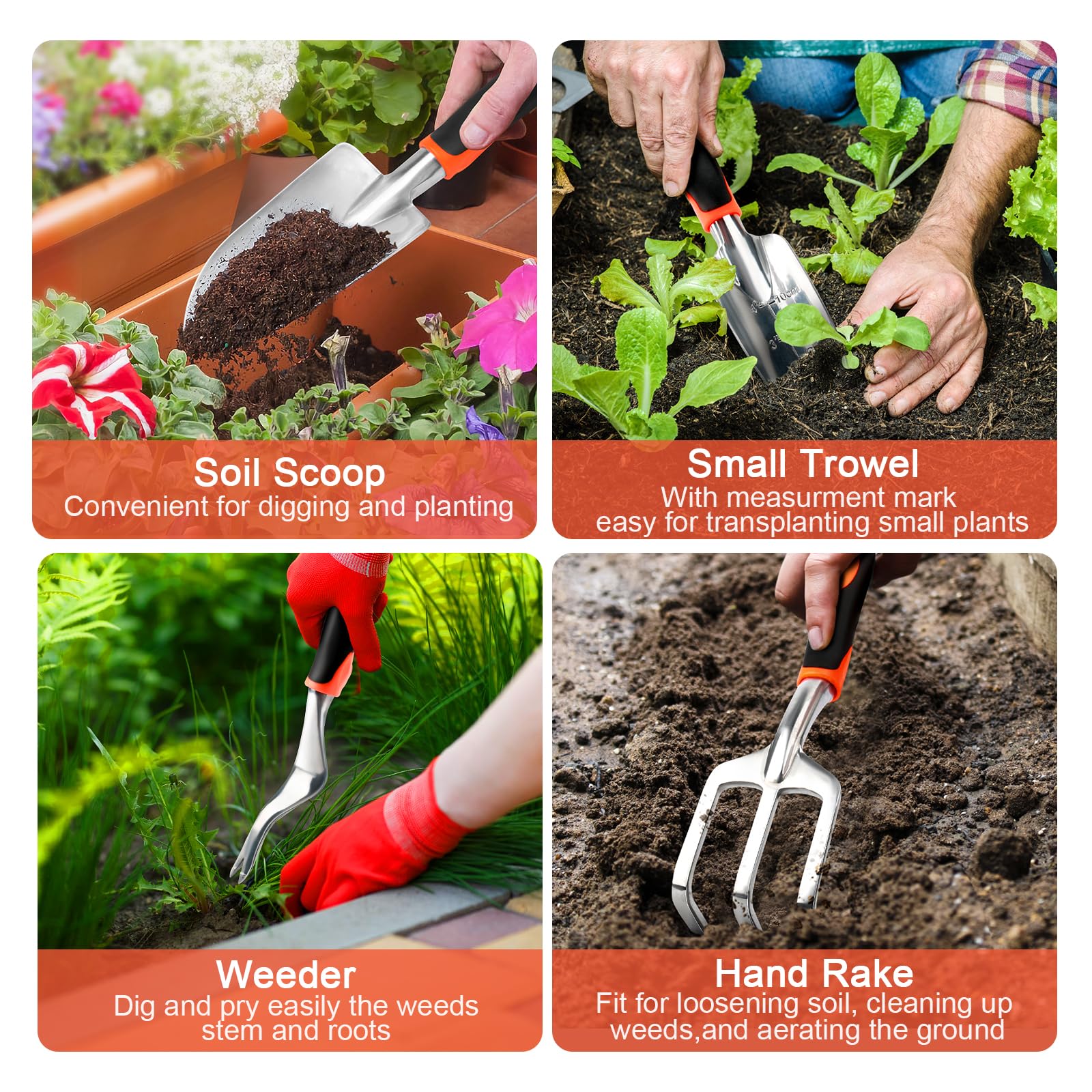 8-Piece Heavy Duty Garden Tools Set with Non-Slip Ergonomic Handles & Storage Bag - Durable Gardening Kit for Women & Men - Perfect for Planting, Weeding, and Landscaping (Orange)