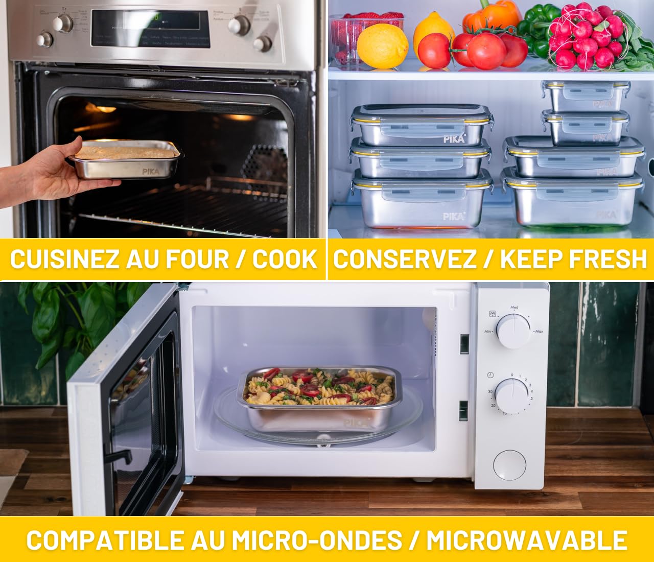PIKA - 7-Piece Airtight Stainless Steel Food Storage Containers Set - Microwave, Oven & Freezer Safe - Perfect for Meal Prep, Batch Cooking & Leftovers Storage - Ideal for Home, Office & Picnic Use