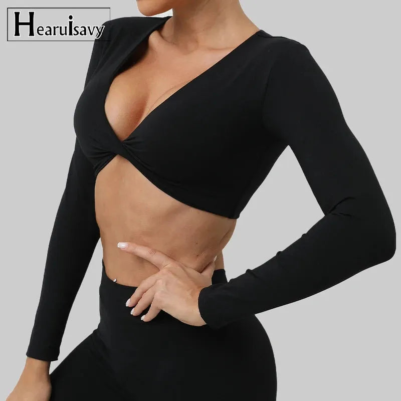Sexy Wrinkled Long Sleeve Crop Top for Women - Quick Dry Yoga Shirt, Gym Workout Shirt, Running Sportswear - Perfect for Yoga, Gym, Running & Casual Wear