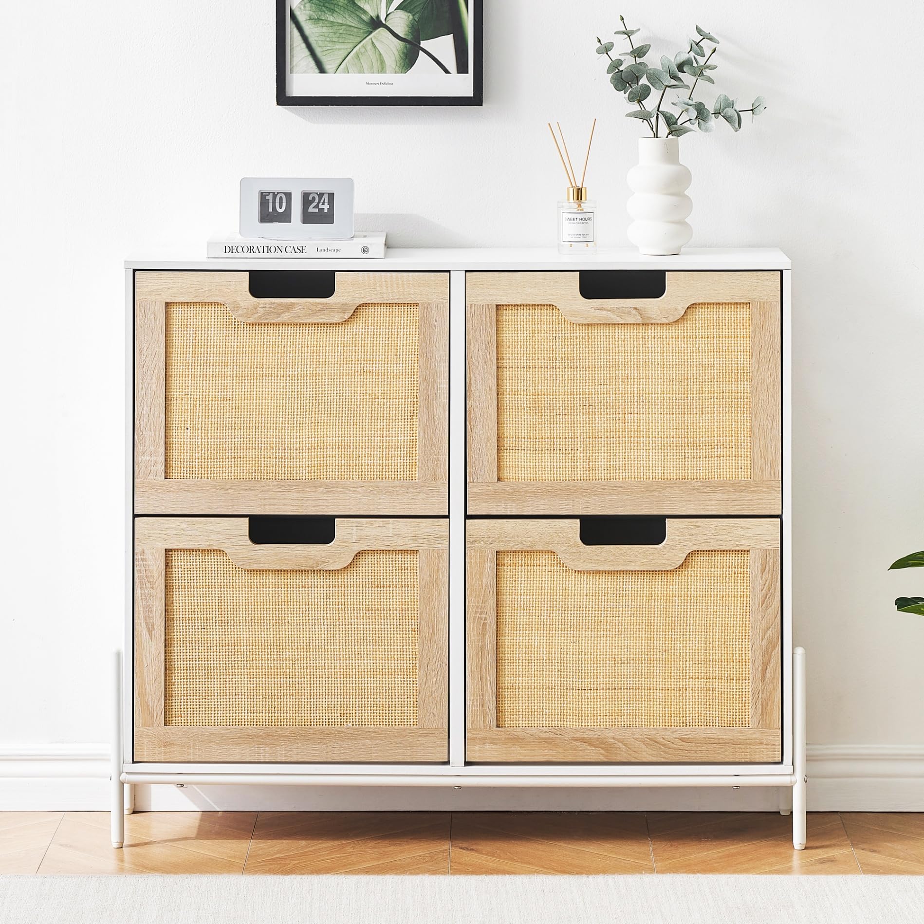 IDEALHOUSE Natural Rattan 4-Door Flip Shoe Cabinet Organizer - Freestanding Modern Shoe Rack with 3-Tier Adjustable Shelves for Entryway, Closet & Hallway - Perfect for Small Space Organization & Home Decor
