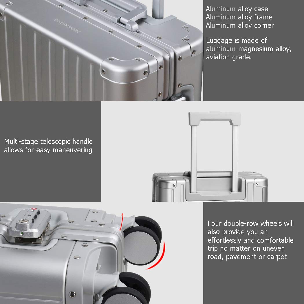 25 Inch Aluminum Hardside Suitcase with TSA Lock - Silver Checked Luggage for Air Travel | Durable Medium Size Spinner Carry-On for Business Trips & Vacations