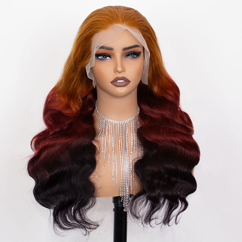 Eullair Flawless Ombre Coral Orange Copper Brown Body Wave Human Hair Wig with Lace Frontal - Sunset Copper Brown for Daily Wear, Parties & Special Occasions