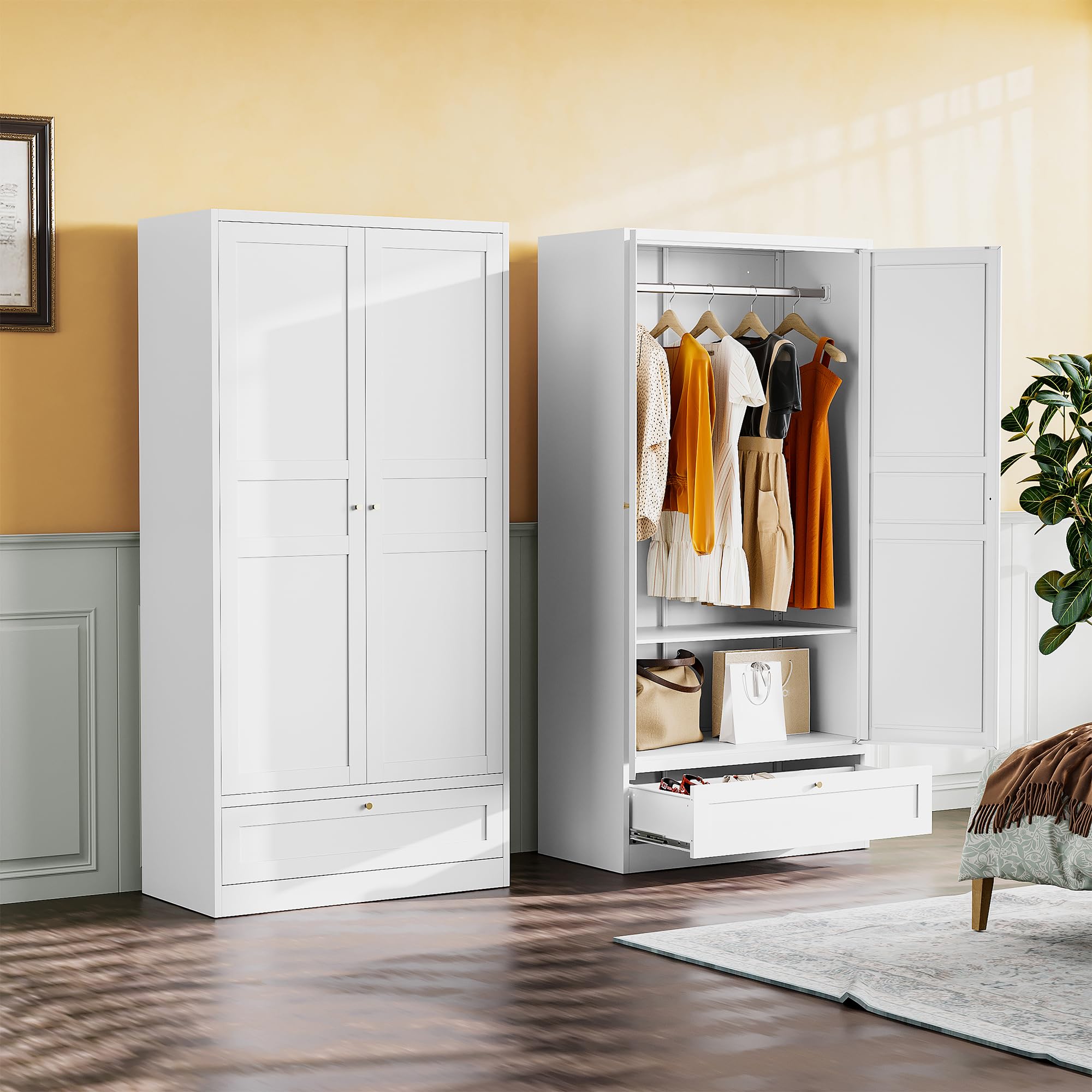 White Metal Wardrobe Cabinet with Drawer, Hanging Rod & Adjustable Shelves - Spacious Armoire Closet with Doors for Bedroom, Clothes Storage & Home Organization