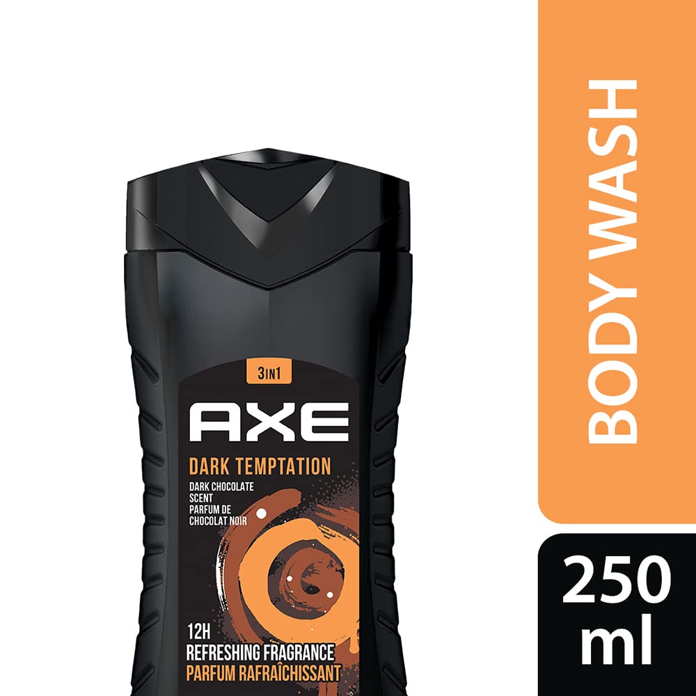 AXE Dark Temptation 3-in-1 Body Wash, Face Wash & Shampoo for Men | Long-Lasting Dark Chocolate Scent | Natural Ingredients | Odor & Bacteria Protection | Dermatologist Tested 8.4oz | Perfect for Gym, Travel & Daily Shower Routine