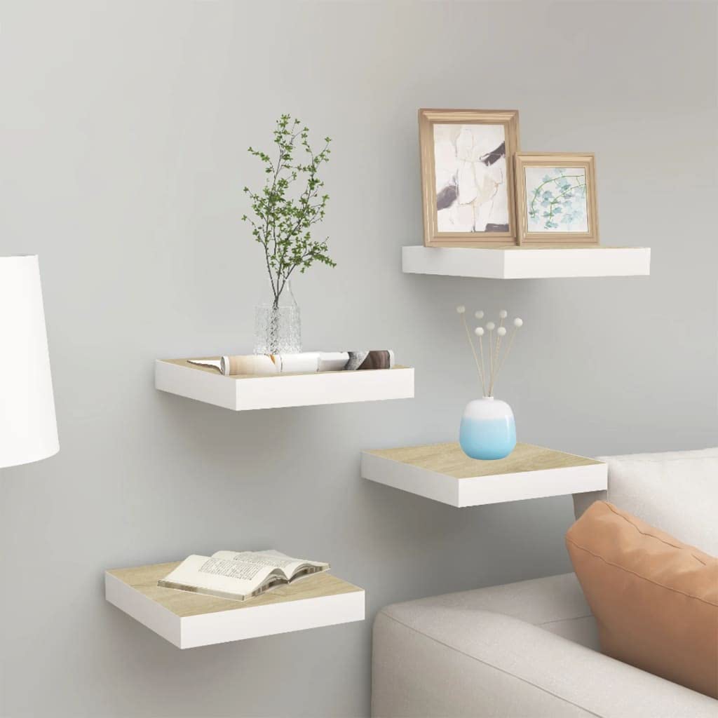 Floating Wall Shelves Set of 4 - Oak & White MDF Wall Mounted Display Storage Shelves (9.1