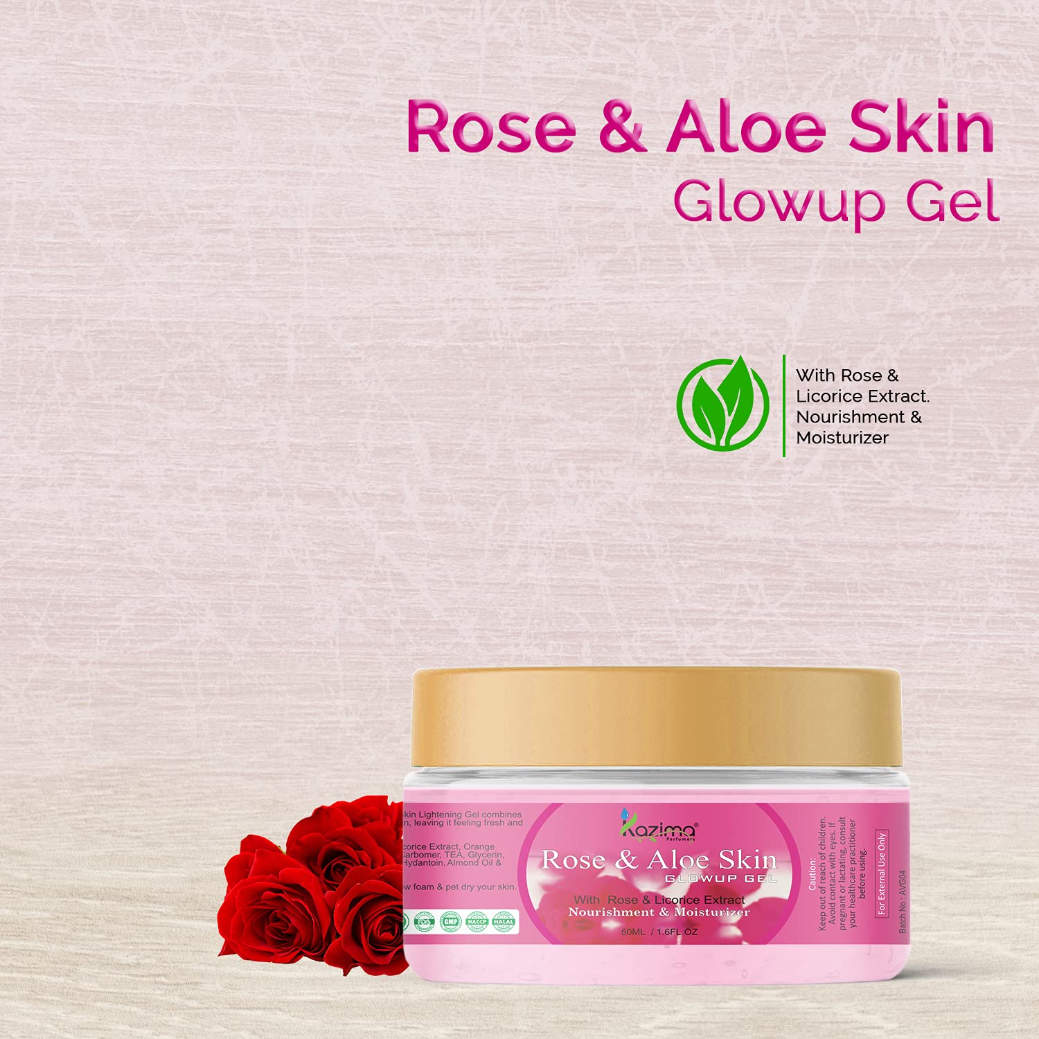 KAZIMA Rose & Aloe Skin Glow Gel with Rose & Licorice Extract - Hydrating & Nourishing Face Moisturizer for Dry & Sensitive Skin - Sulfate Free, Paraben Free, Xanthan Free, Mineral Oil Free - 50ml (Pack of 2) - Perfect for Daily Skincare Routine & Post-Sun Care