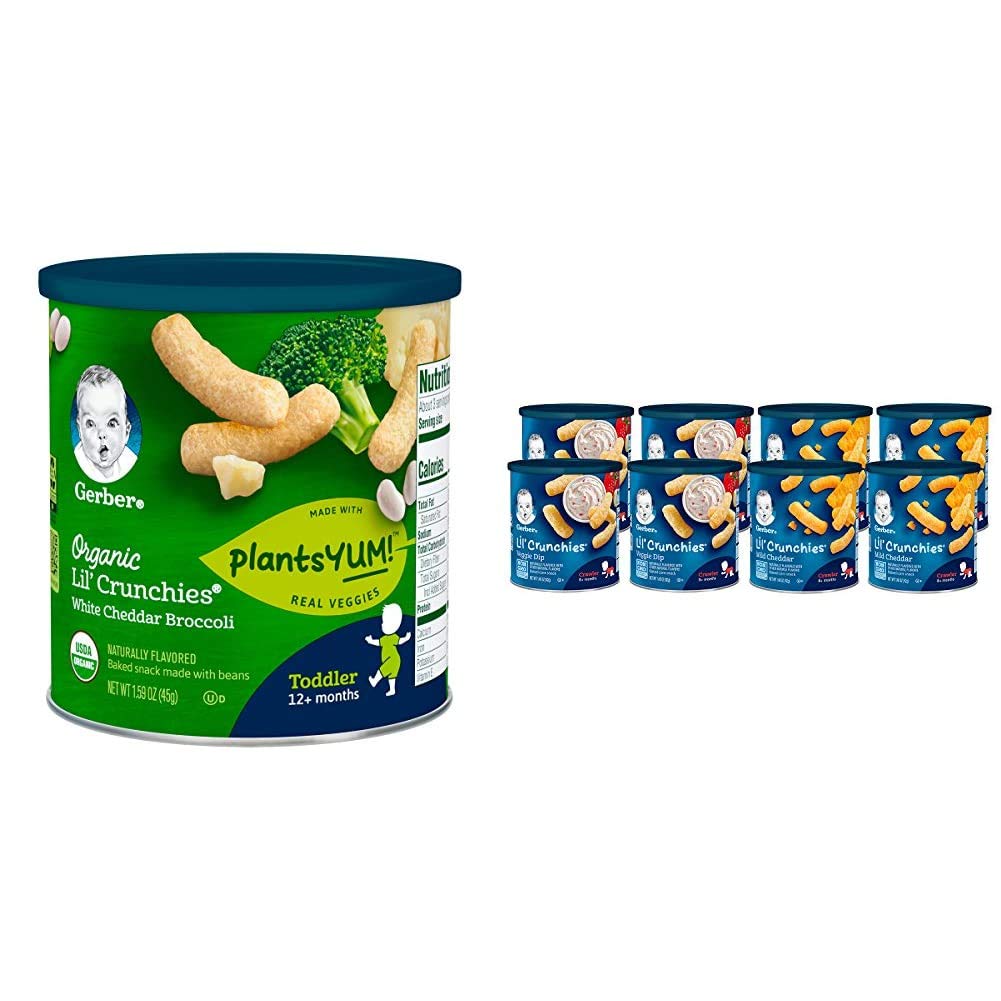 Organic Gerber Lil Crunchies Baby Snacks - White Cheddar & Broccoli + Mild Cheddar & Veggie Dip Value Pack | Healthy Toddler Finger Food for On-the-Go, Daycare & Travel Snacking