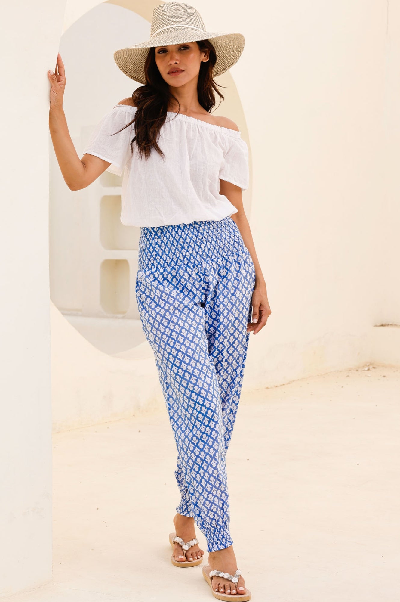 Organic Cotton Harem Pants with Floral Print - Cornflower & White | Boho Chic Lounge Wear for Yoga, Travel & Casual Outfits