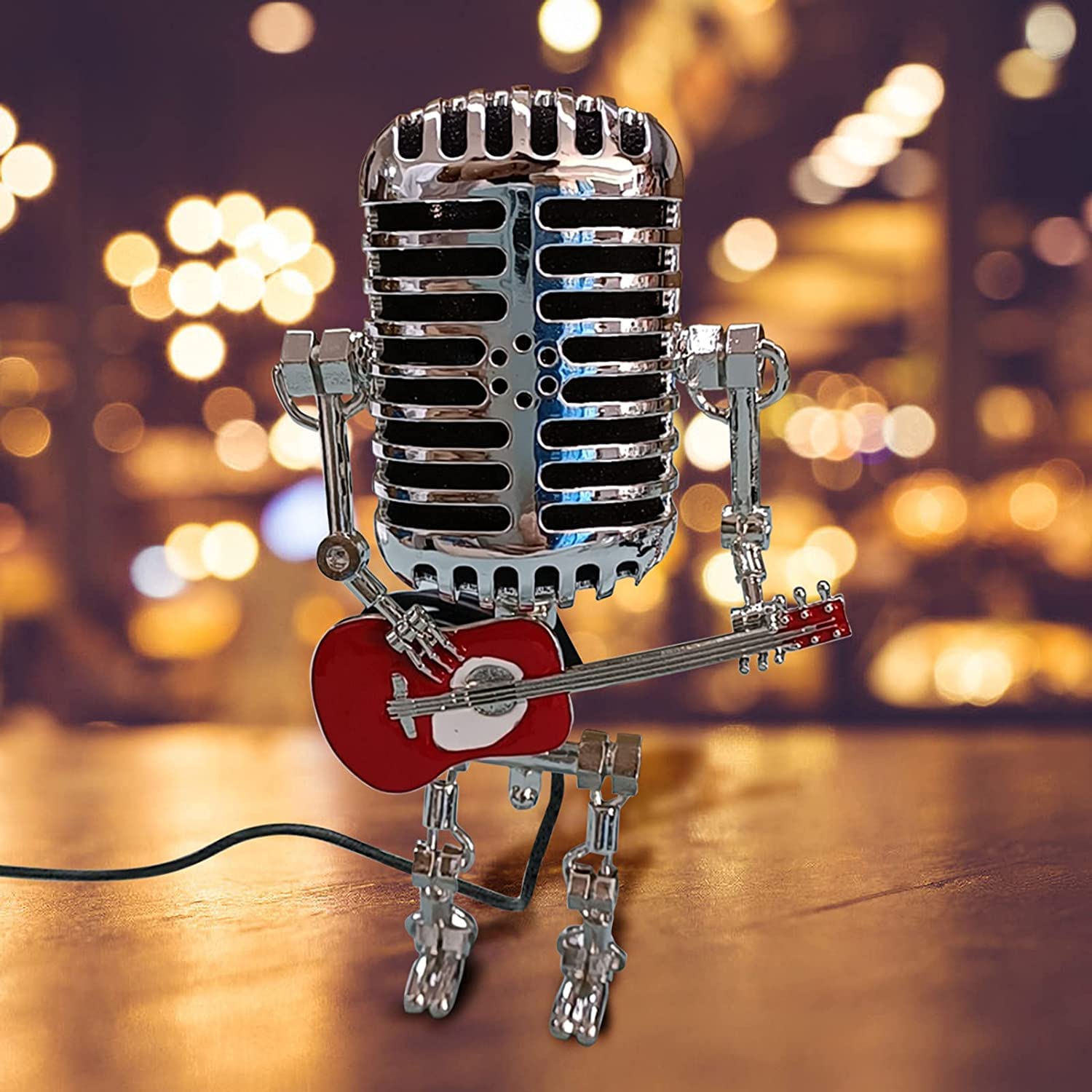 Vintage Microphone Robot Desk Lamp with LED Light - Retro USB Powered Night Light with Guitar Design for Bedroom, Bar, Restaurant Decor - Perfect for Home Office, Gaming Room & Gift Giving (Red)