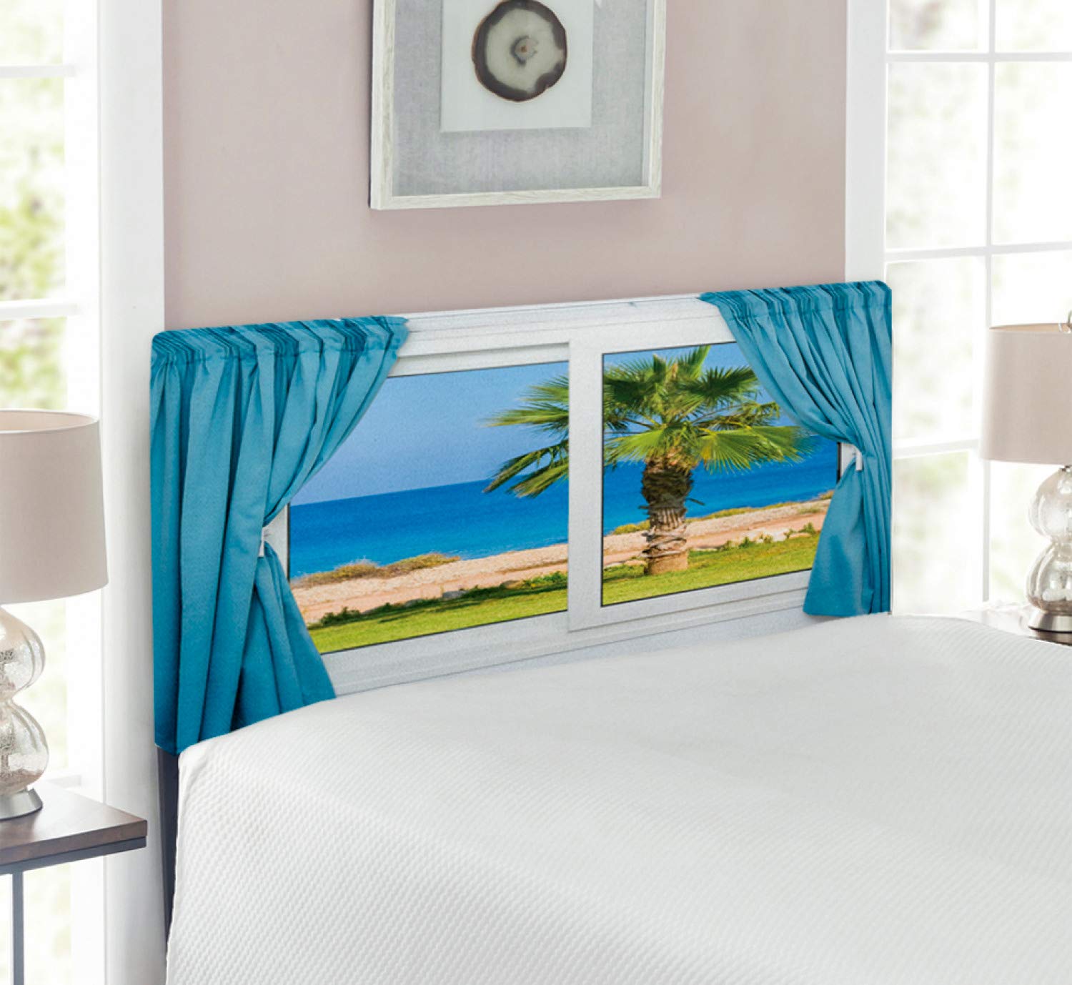 Ambesonne Blue Green Palm Tree Headboard - Twin Size Upholstered Metal Bed Headboard with Memory Foam | Tropical Island Theme Bedroom Decor for Coastal, Beach House, or Vacation Home Style