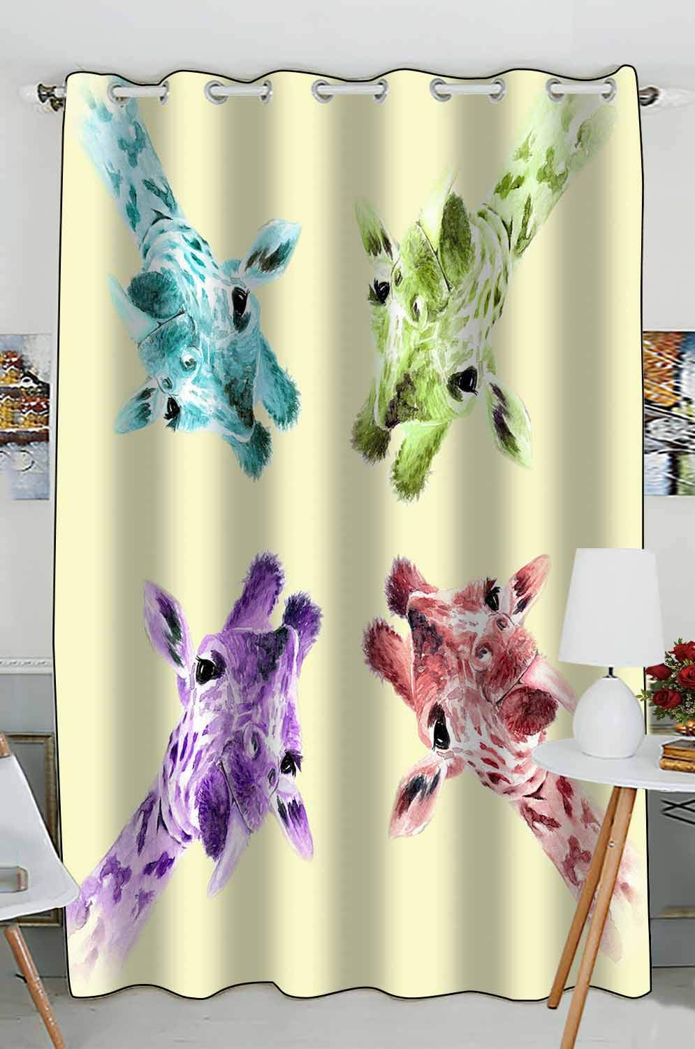 Watercolor Giraffe Print Window Curtains - 52x84 Inch Single Panel for Kitchen, Living Room & Bedroom - Light Filtering Drapes with Giraffe Collage Design