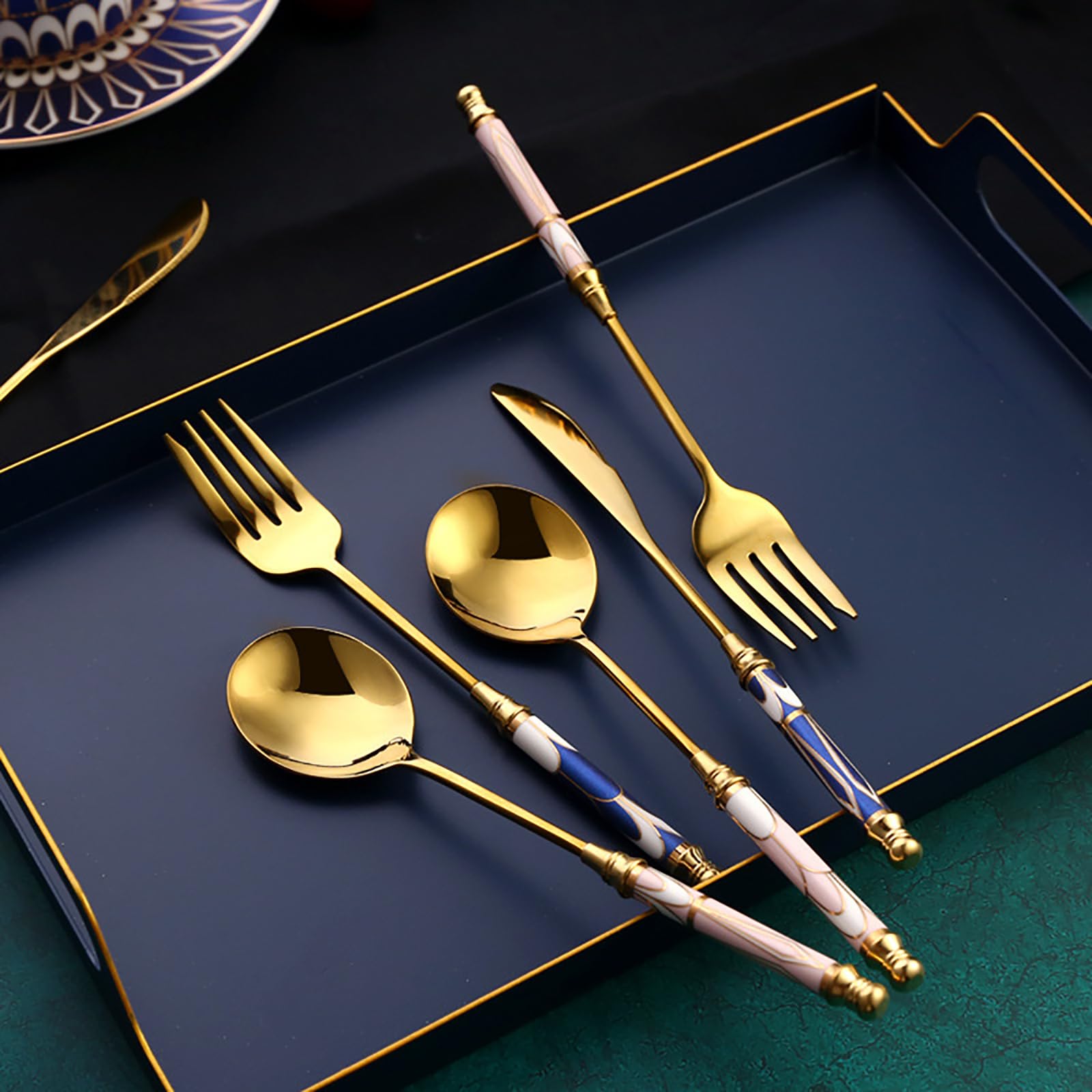 10-Piece Premium Stainless Steel Silverware Set with Ceramic Handle - Food Grade, Mirror Polished Cutlery, Dishwasher Safe Flatware Set for 2 People (Black Gold) - Perfect for Dinner Parties, Restaurants, and Everyday Dining
