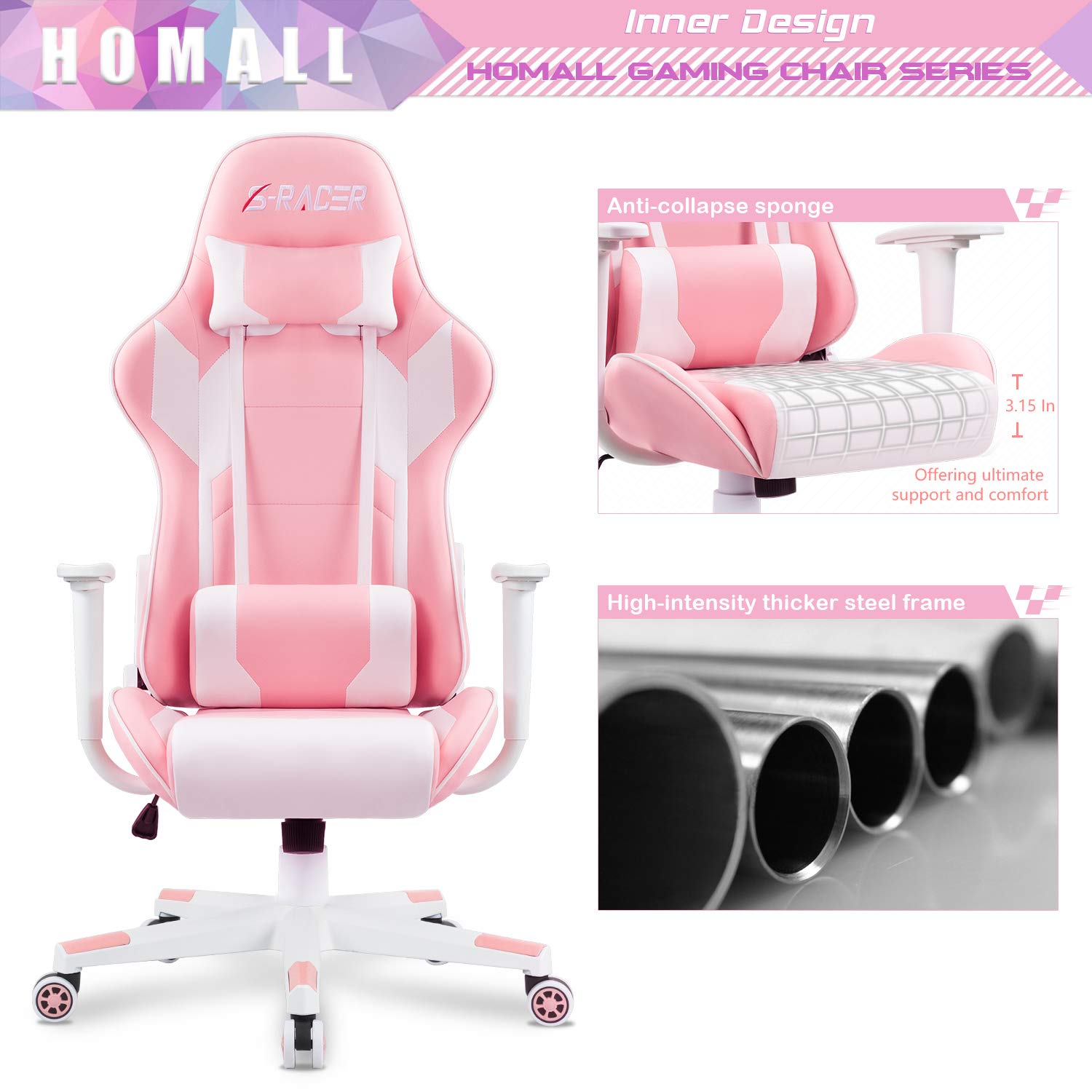 Homall Ergonomic Gaming Chair - High Back Office Chair with Adjustable Headrest & Lumbar Support, Leather Computer Desk Chair for Racing Style Executive Workstation (Pink) - Perfect for Gamers, Home Office & Streaming Setup