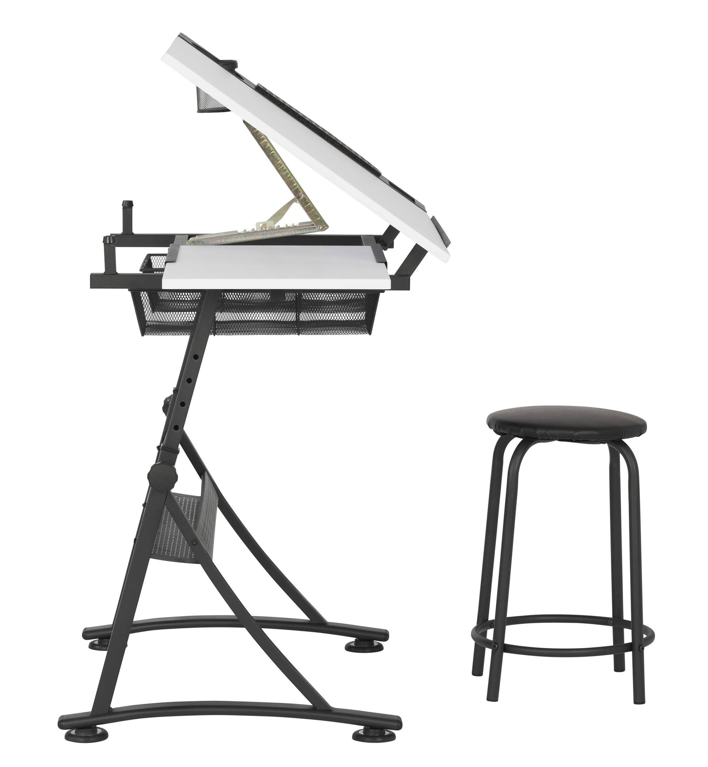 Adjustable Height Drafting Table with Stool - Tiltable Desktop for Artists & Architects - Charcoal & White Finish - Perfect for Home Studios, Office Workspaces & Creative Projects