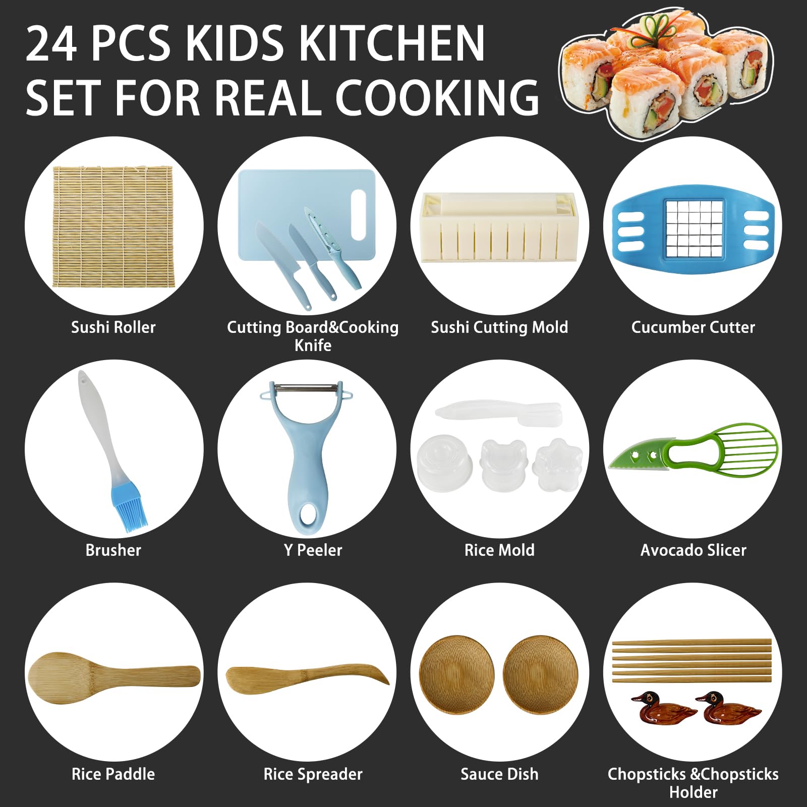 24-Piece Kids Kitchen Tools Set for Real Cooking - Montessori Learning Toys for Boys & Girls Ages 3-12 - Safe Plastic Knife Set with Sushi Making Kit - Perfect Birthday & Easter Gift for Toddlers - Ideal for Pretend Play, Cooking Classes & Early Childhood Development