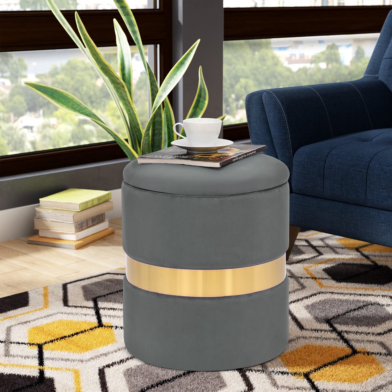 Furnistar Round Velvet Storage Footstool Ottoman (Set of 2) - Gray - Multi-Functional Living Room Footrest & Bedroom Makeup Vanity Stool with Hidden Storage Compartment - Perfect for Home Decor, Lounge Seating & Beauty Station Organization