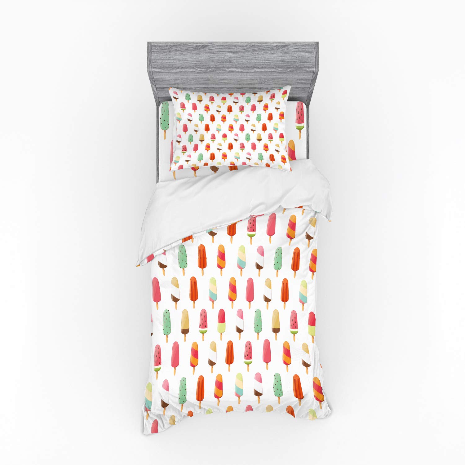 Ambesonne Ice Cream Bedding Set - Watermelon Kiwi Orange Cherry Chocolate Flavor Duvet Cover 3 Piece Set with Sham & Fitted Sheet, Twin XL Size, Vibrant Multicolor - Perfect for Kids' Rooms, Summer Decor & Ice Cream Lovers