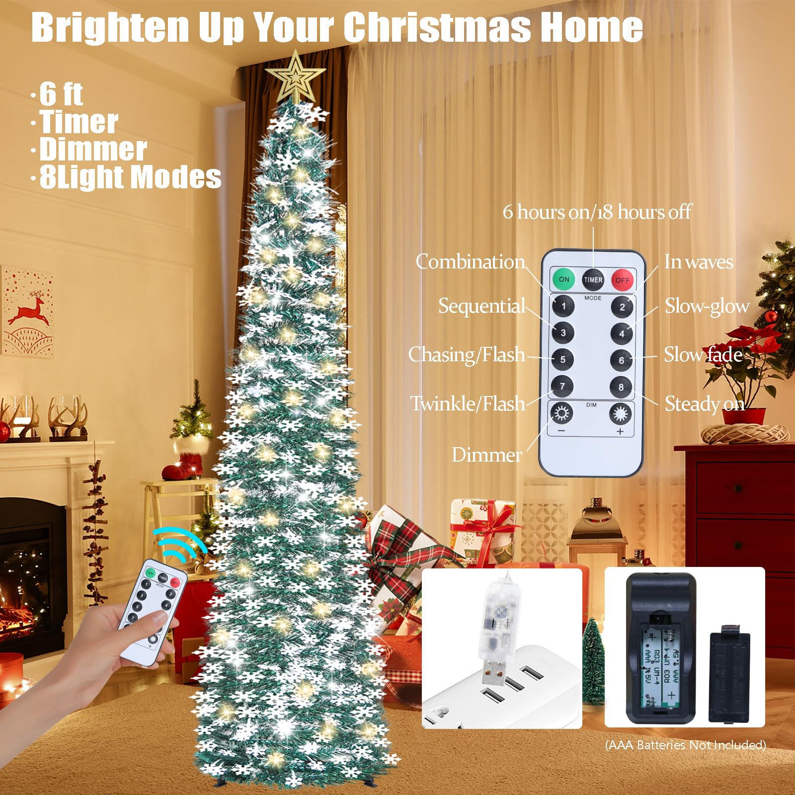 6 FT Pop Up Tinsel Christmas Tree with 100 LED Lights & Remote Control - Collapsible Artificial Pencil Tree with Snowflake Ornaments - USB Powered Timer Holiday Decor for Home, Office, Party | Perfect for Living Room, Bedroom, Christmas Party & Winter Festival Decorations