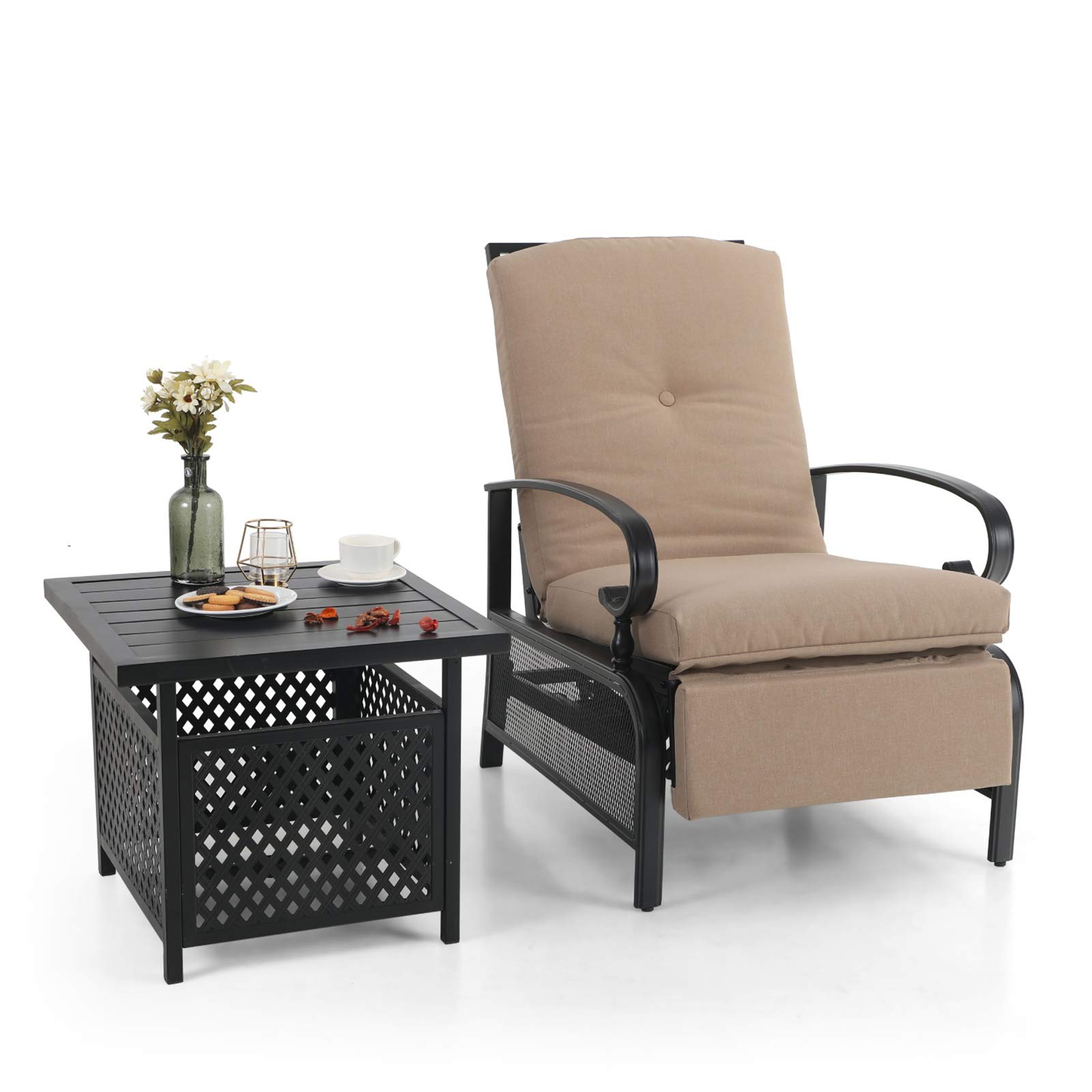 PHI VILLA Adjustable Patio Recliner Chair with Umbrella Table Set - Outdoor Lounge Chair for Poolside, Beach, Garden & Backyard Relaxation - Beige
