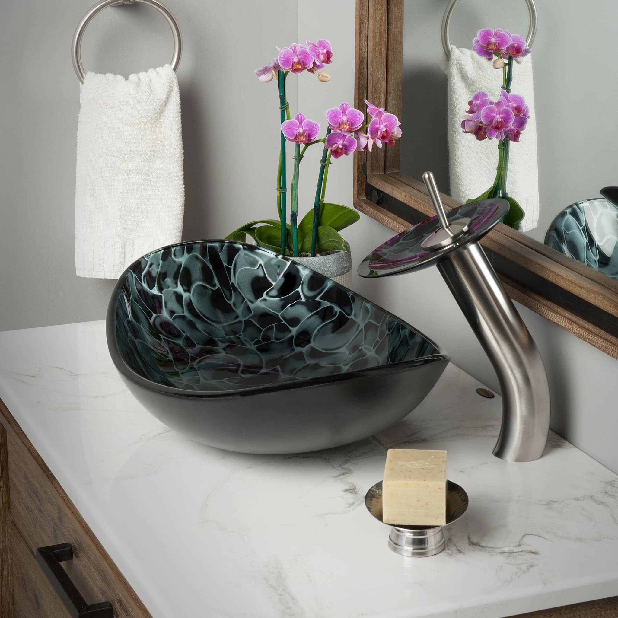 Novatto TARTARUGA Oval Glass Vessel Bathroom Sink Set with Brushed Nickel Faucet - Modern Vanity Sink for Bathroom, Powder Room, and Guest Bath Decor