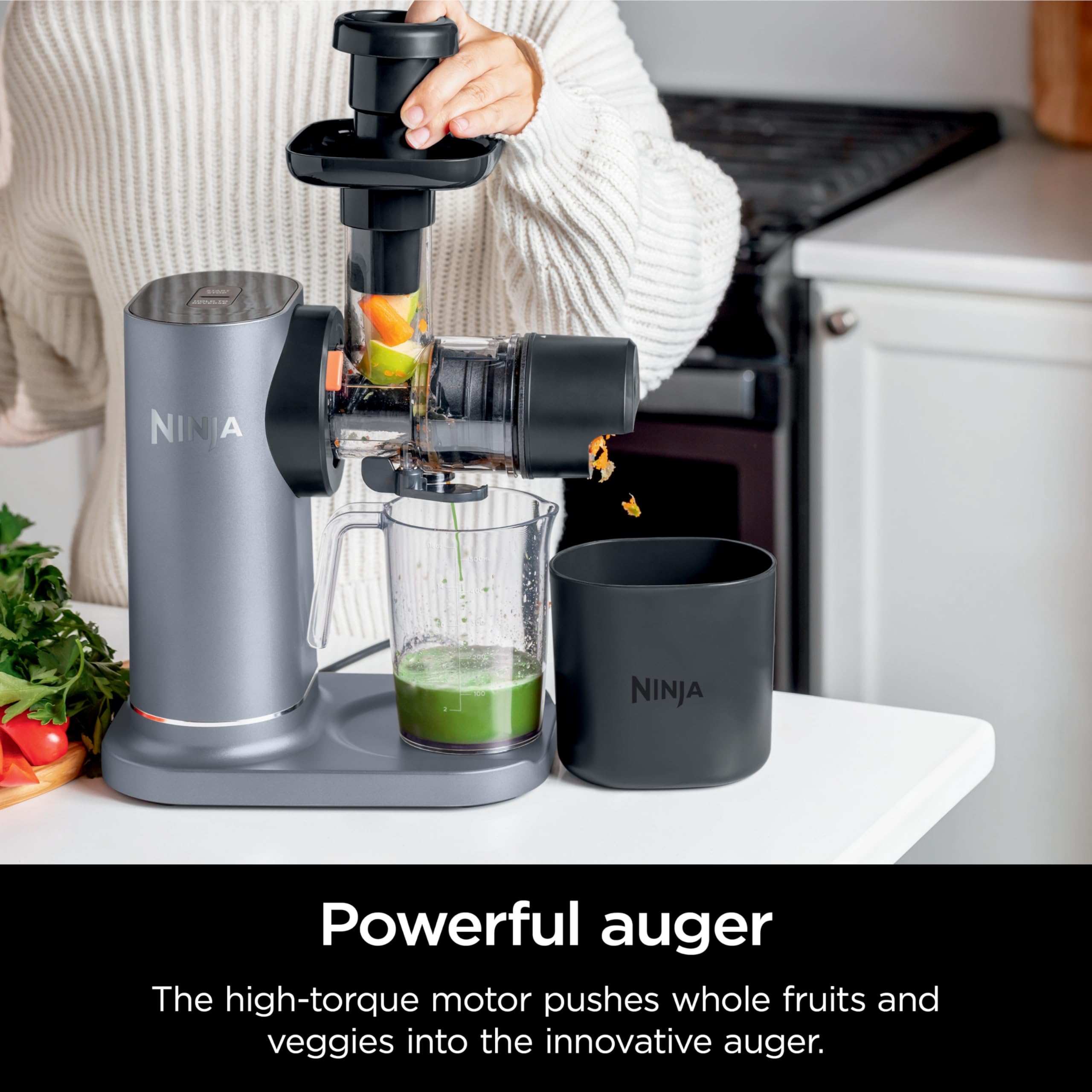 Ninja JC150 NeverClog Cold Press Juicer - Powerful Slow Masticating Juicer with Adjustable Pulp Control, Quiet Countertop Electric Juicer, 2 Pulp Settings, Dishwasher Safe, 2nd Gen (Renewed Silver) - Perfect for Healthy Juicing, Detox Drinks & Family Breakfasts