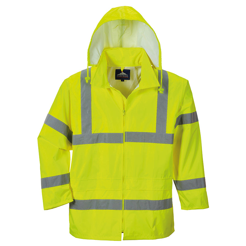 Portwest PW011 High Visibility Waterproof Rain Jacket - Reflective Safety Workwear for Outdoor Construction & Cycling