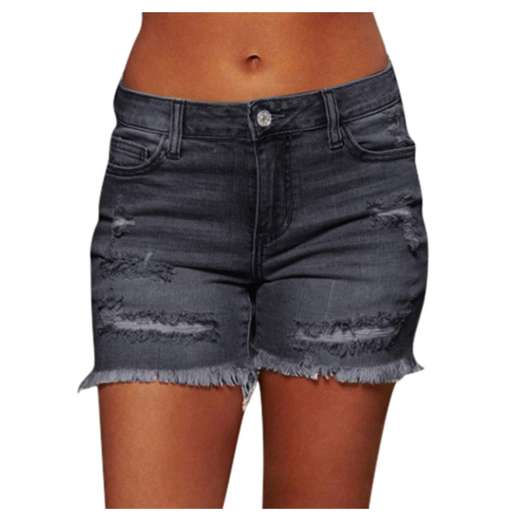 hlysgo Women's Mid Rise Ripped Jean Shorts - Stretchy Frayed Raw Hem Denim Shorts for Casual Summer 2024 | Perfect for Beach, Music Festivals, and Everyday Wear