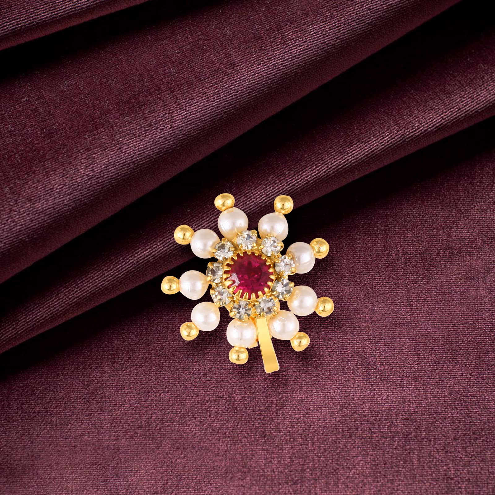 Vighnaharta Gold Plated Pearl CZ & Artificial Stone Clip-On Maharashtrian Nose Ring - Valentine's Day Gift for Women & Men - Perfect for Weddings, Festivals & Ethnic Outfits {VFJ1192NTH-Clipon-Red}
